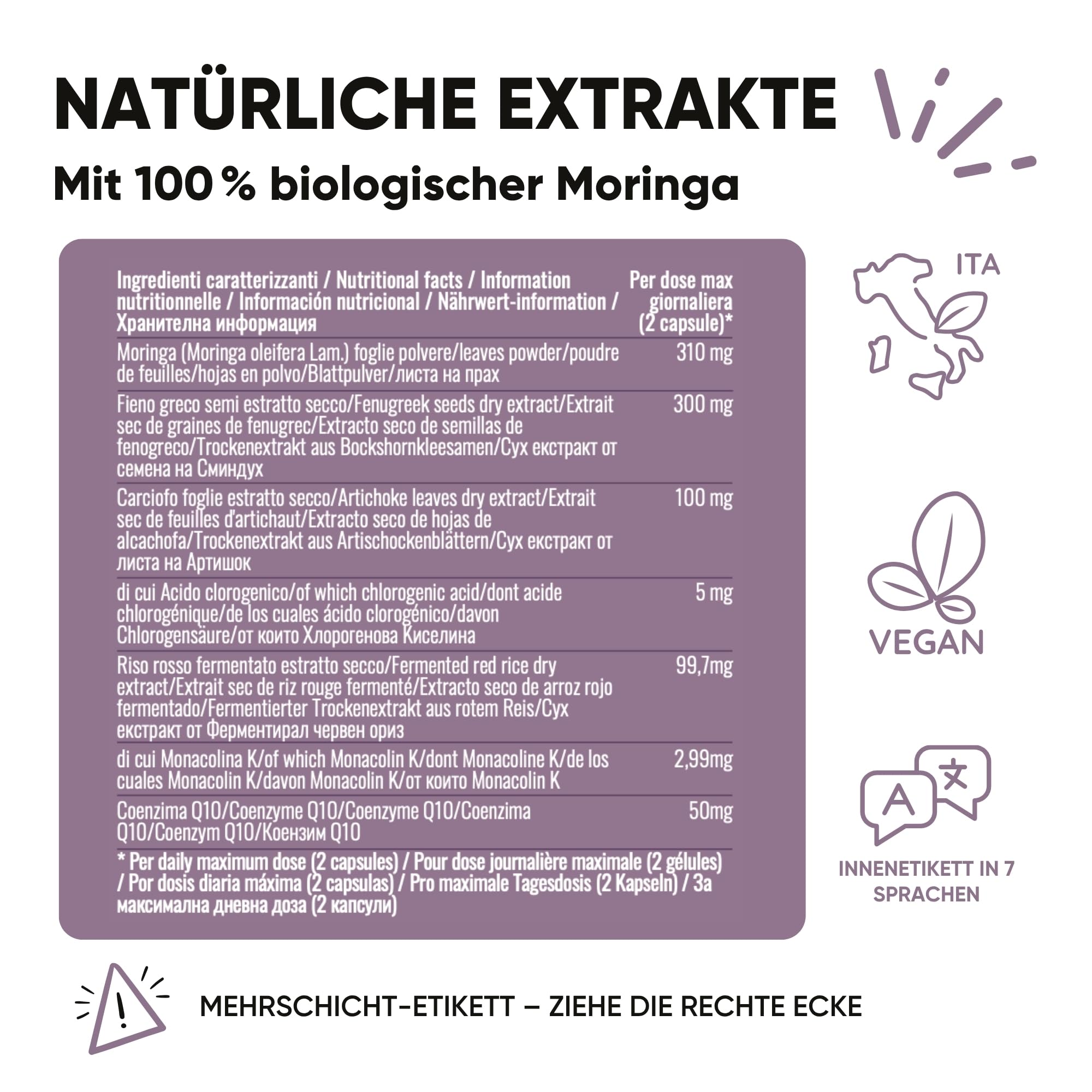 Cholesterin Senken Kapseln Komplex 5in1 - Roter Reis, Coenzym q10, Bockshornklee, Monacolin K & Bio Moringa - Für Gesunden Cholesterin & Triglyceride Spiegel - 60 Kapseln