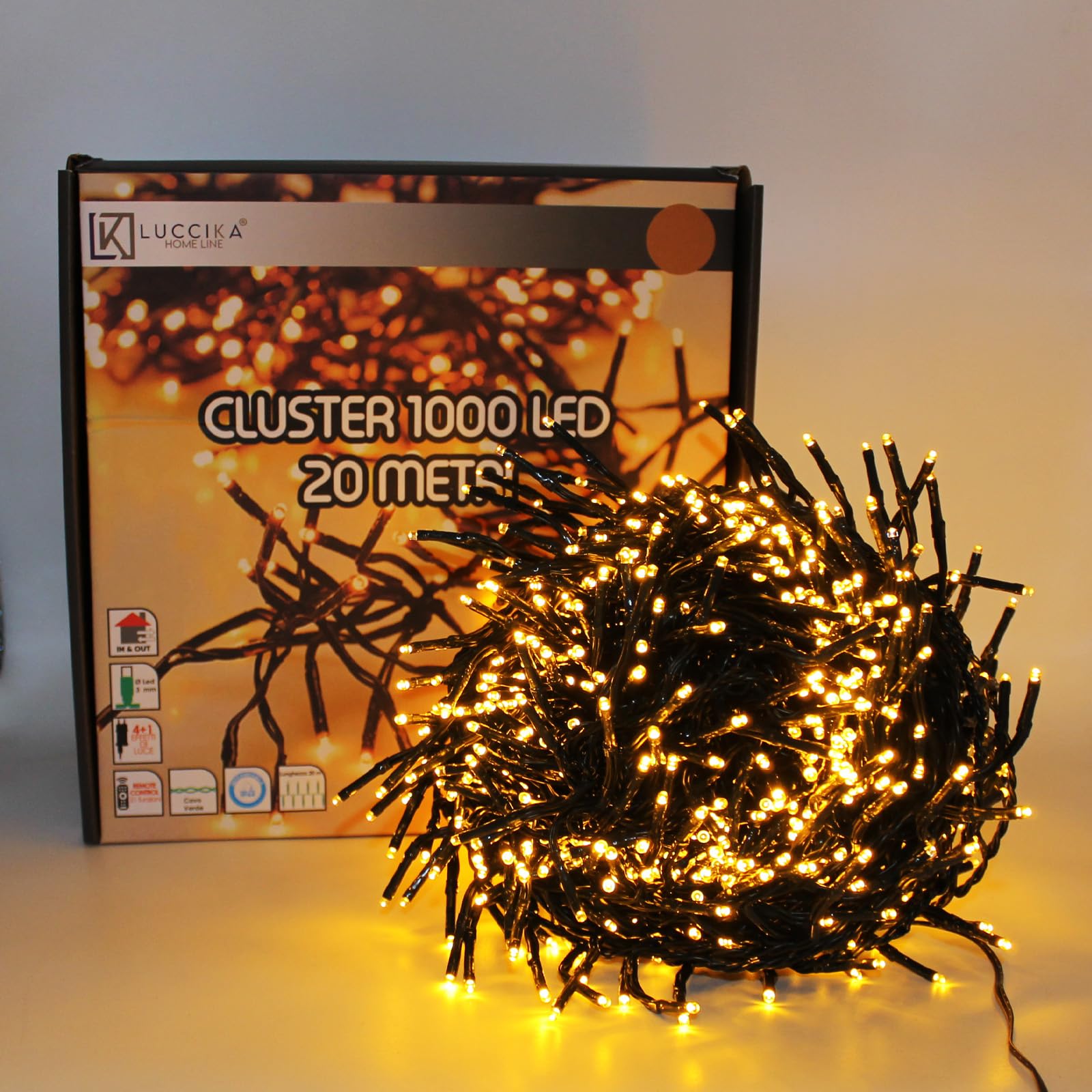 Luccika, Cluster-Lichterkette, Gold, 20 Meter, 1000 LEDs, Ø 3 mm, Lichterkette für Weihnachtsbaum, 4 Lichteffekte, Fernbedienung, Timer, grünes Kabel IP44, Verwendung im Innen- und Außenbereich