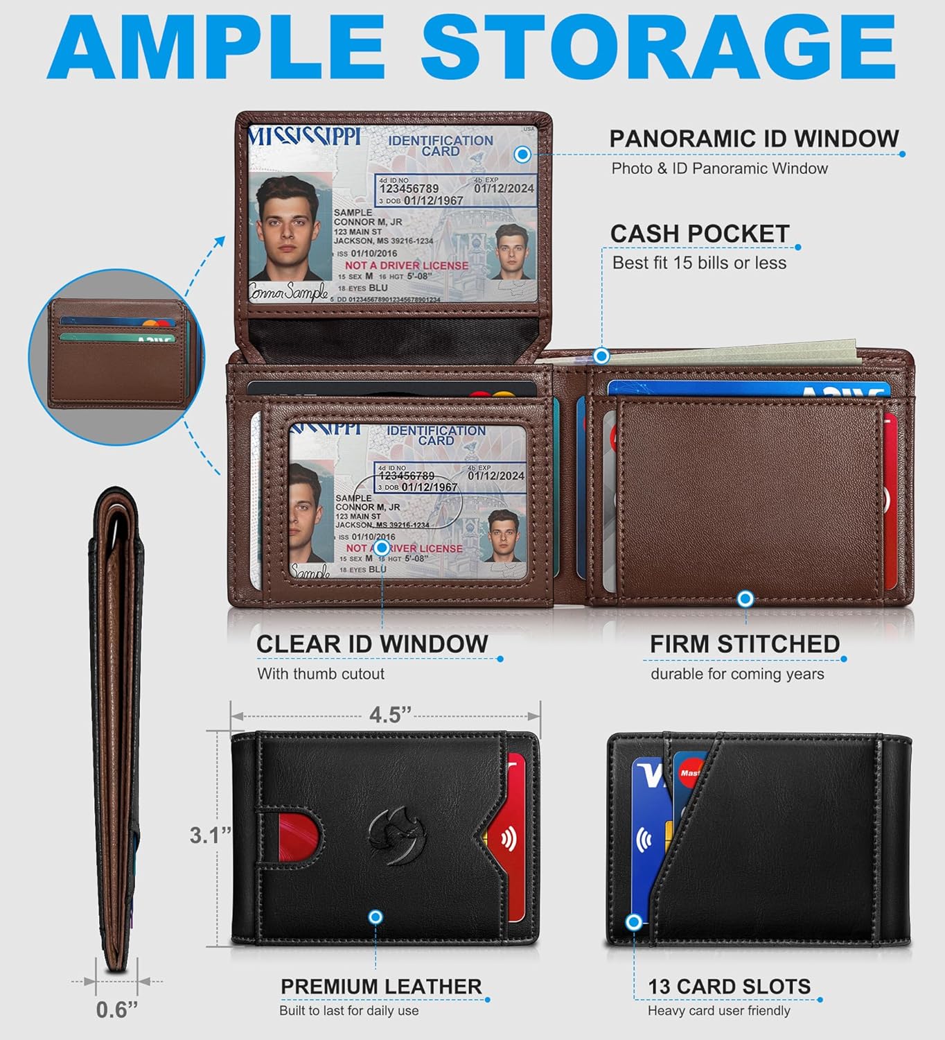 Wallet for Men Wallet with Cash Pocket 2 ID Window 13 Cards,Slim Leather Wallet Front Pocket Card Holder RFID Blocking with Gift Box - Image 2