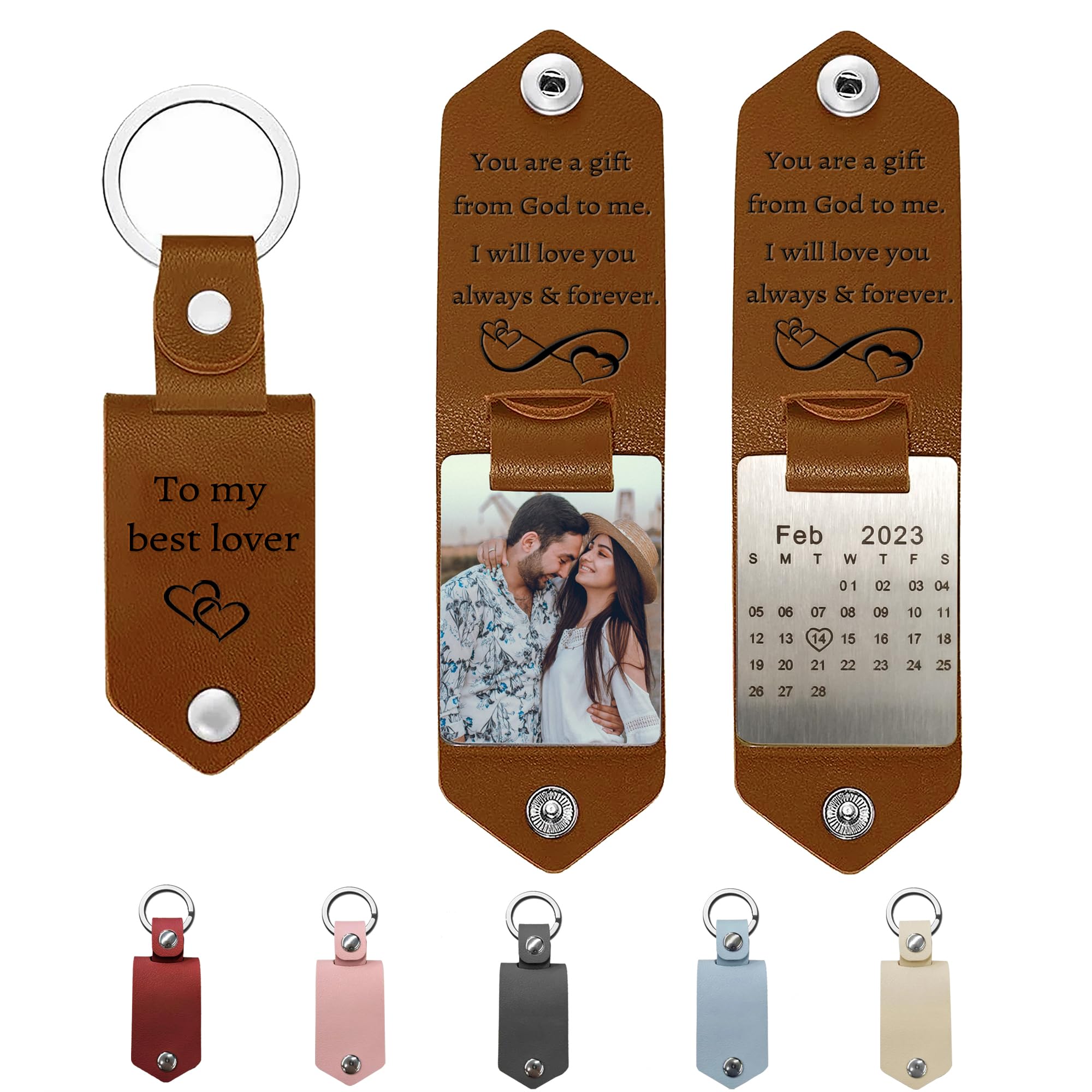 Reuhen Unisex Leather Style Custom Stainless Steel Keychain With Engraved Calendar Date Photo And Text,Personalized Engraved Message Keyring,Family,Friend,Couple Birthday Valentine's Day Gift