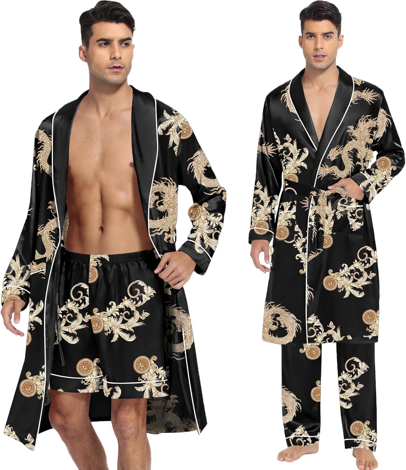 SWOMOG Men's Satin Robe 3 Pcs Silky Kimono Bathrobe Set Lightweight Soft Loungewear Nightwear - Image 2
