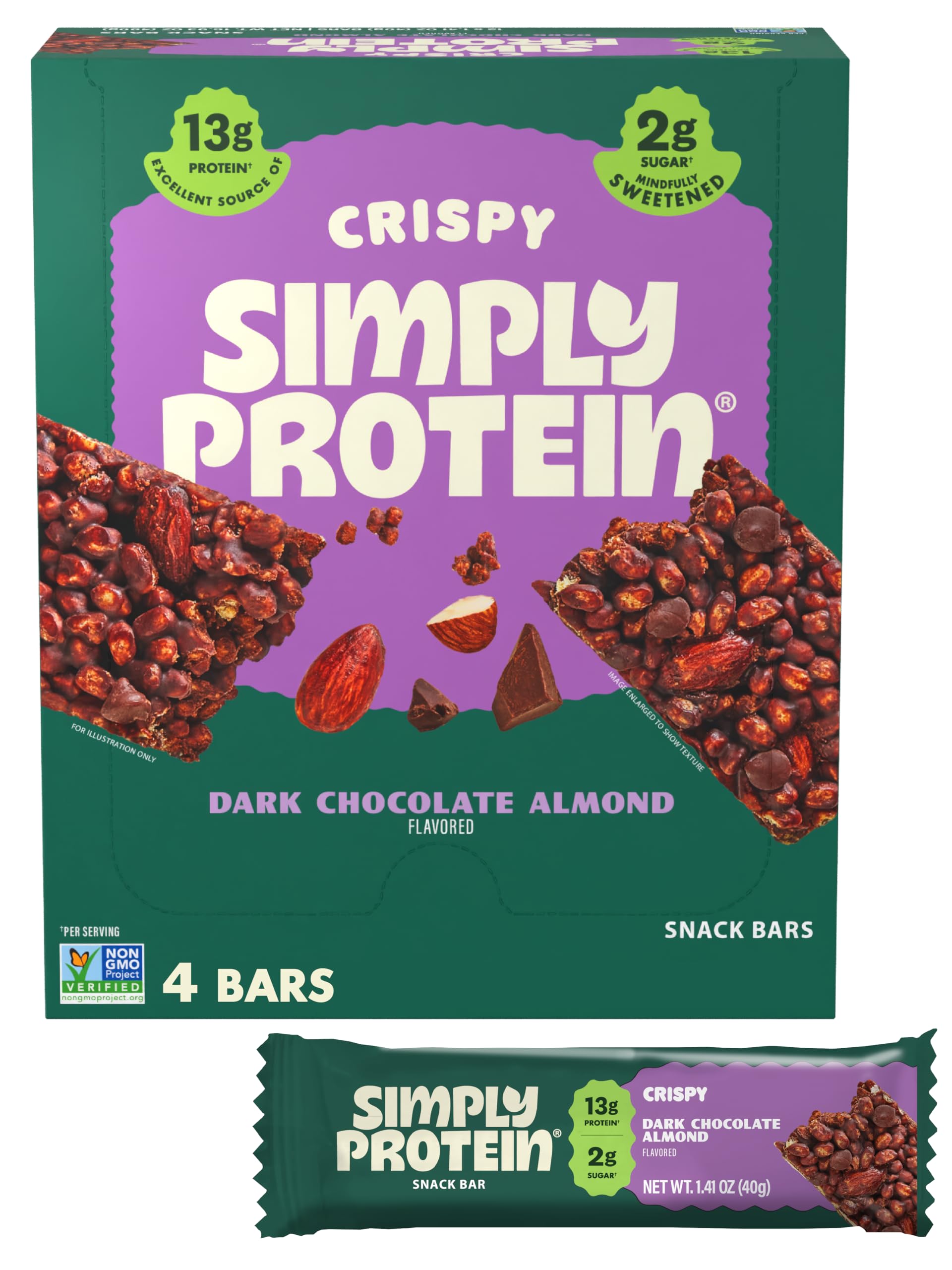 Simply Protein - Dark Chocolate Almond Crispy Bars - Plant Based Protein Bars - Low Carb, Low Sugar, High Fiber - 13g Protein, 2g Sugar, 7g Fiber - Vegan, Gluten Free, Non GMO, Kosher - 4 Bars