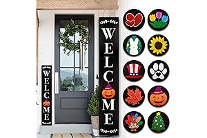 Large Welcome Signs for Front Porch: Interchangeable Wooden Sign with 5 Designed Double-Sided Icons