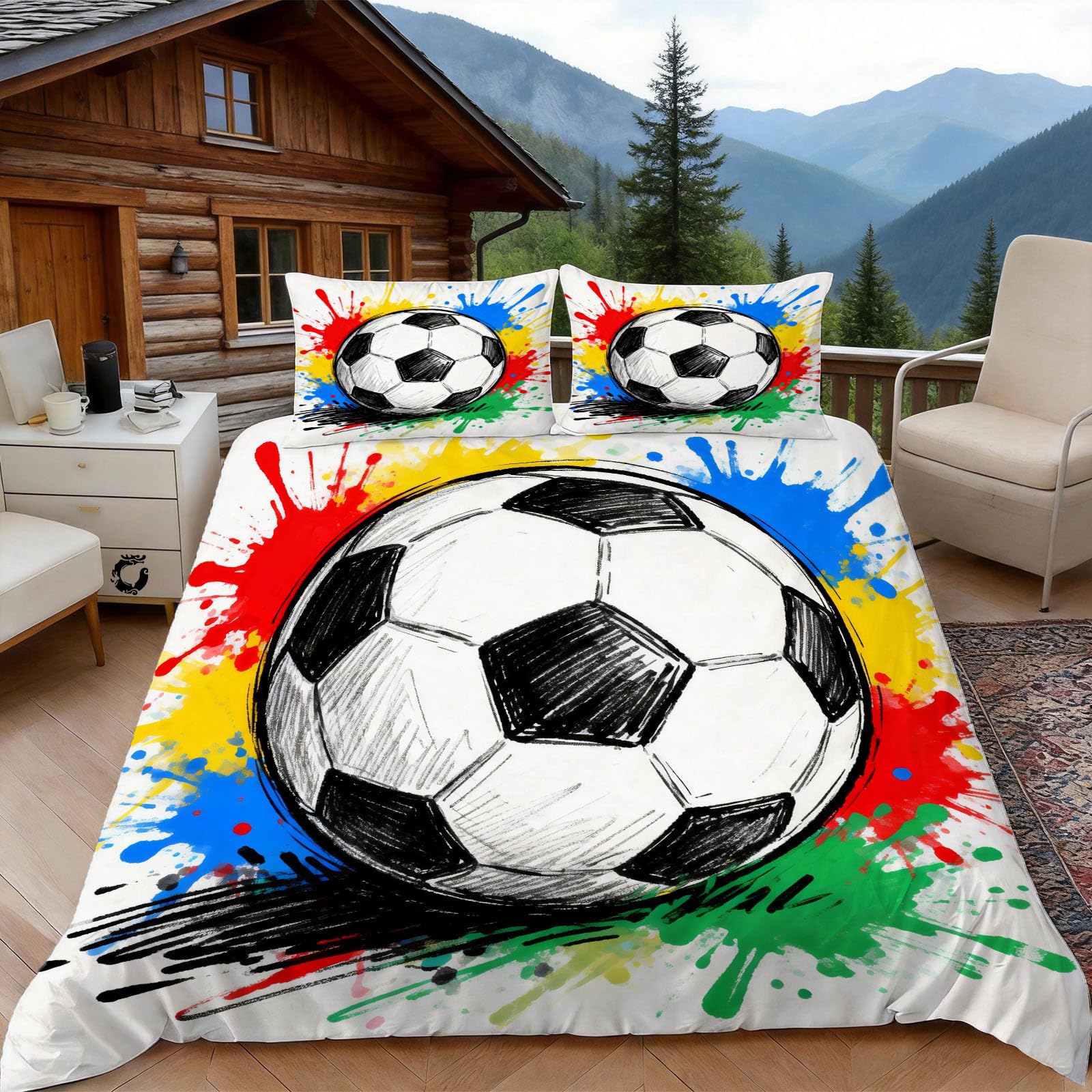 3D Double Duvet Set 3D Printed Soccer Bedding, Competitive Sports Soft Microfibre Duvet Cover Sets Quilt Cover and Pillow Set with Zipper 3 Pcs