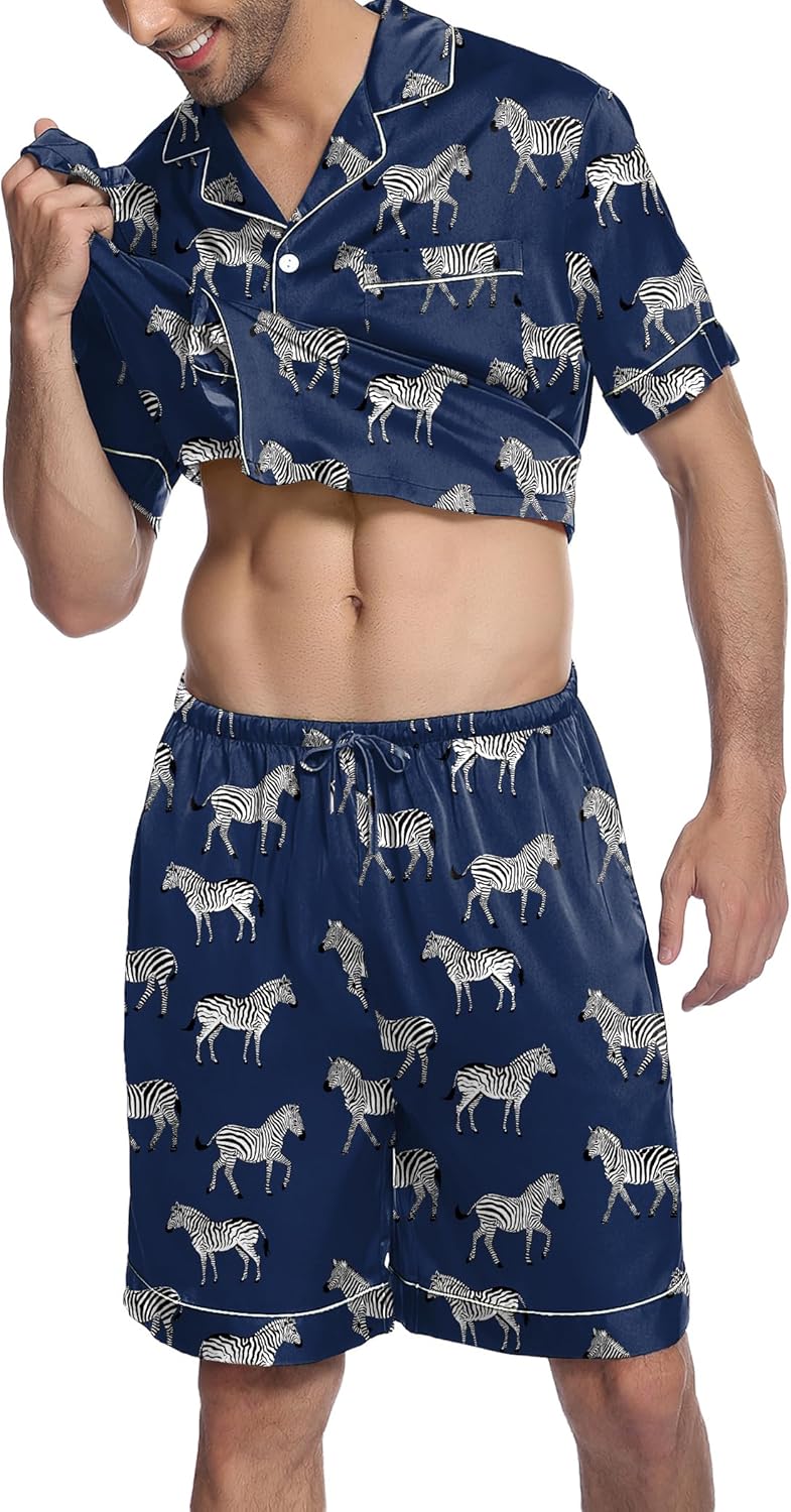 Ekouaer Mens Satin Pajamas Set Button-Down Short Sleeve Shirt Top Soft Silk Sleepwear Shorts with Pockets - Image 5