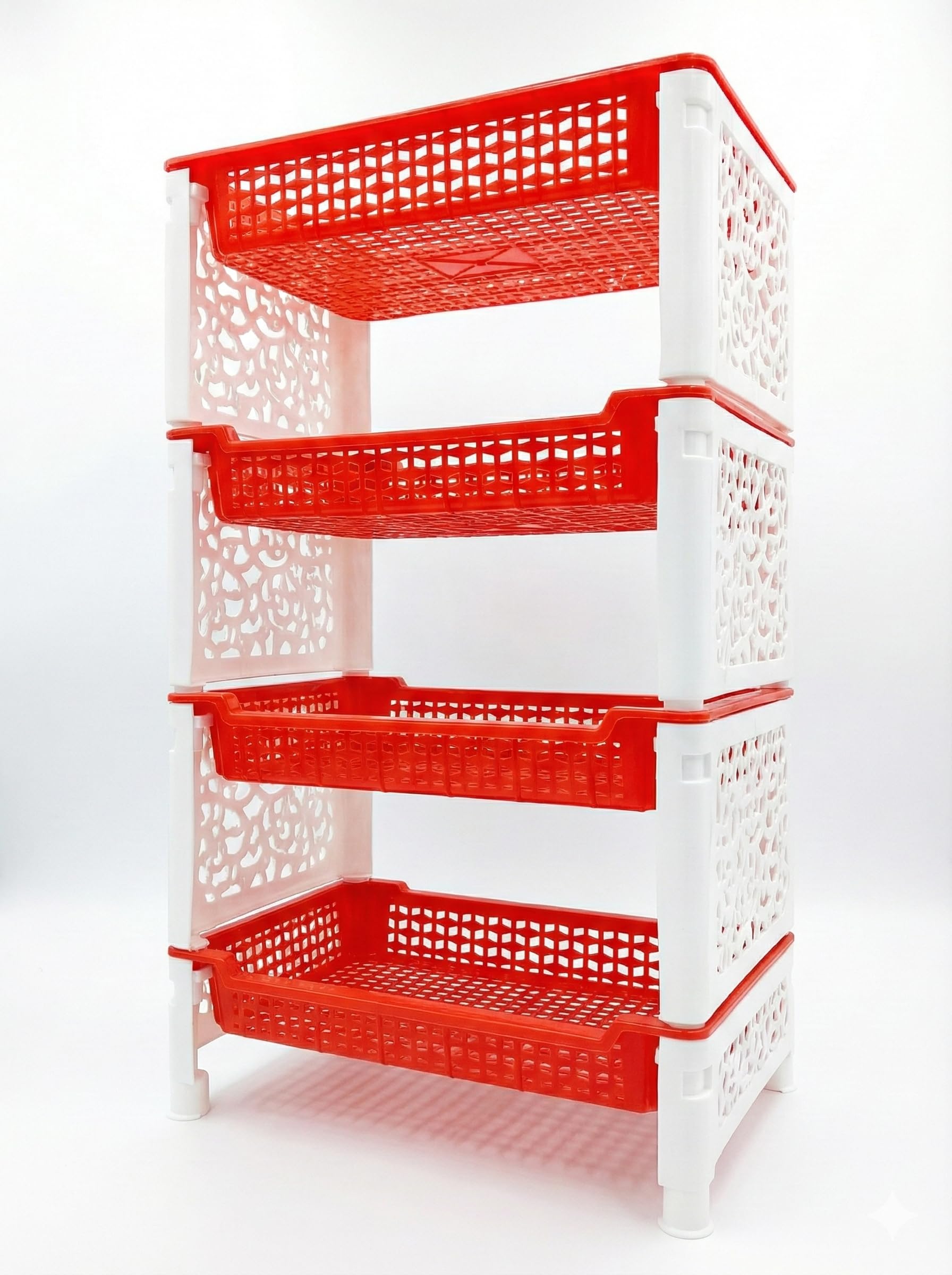 Classic Rack, Plastic Rack, 4 Layer Rack, Trolley with Dish Rack for Kitchen Fruit Vegetable Storage Basket Kitchenware Food, Snacks, Toys, Four Shelf (White&Rad) (Plastic Jali)-picture-28