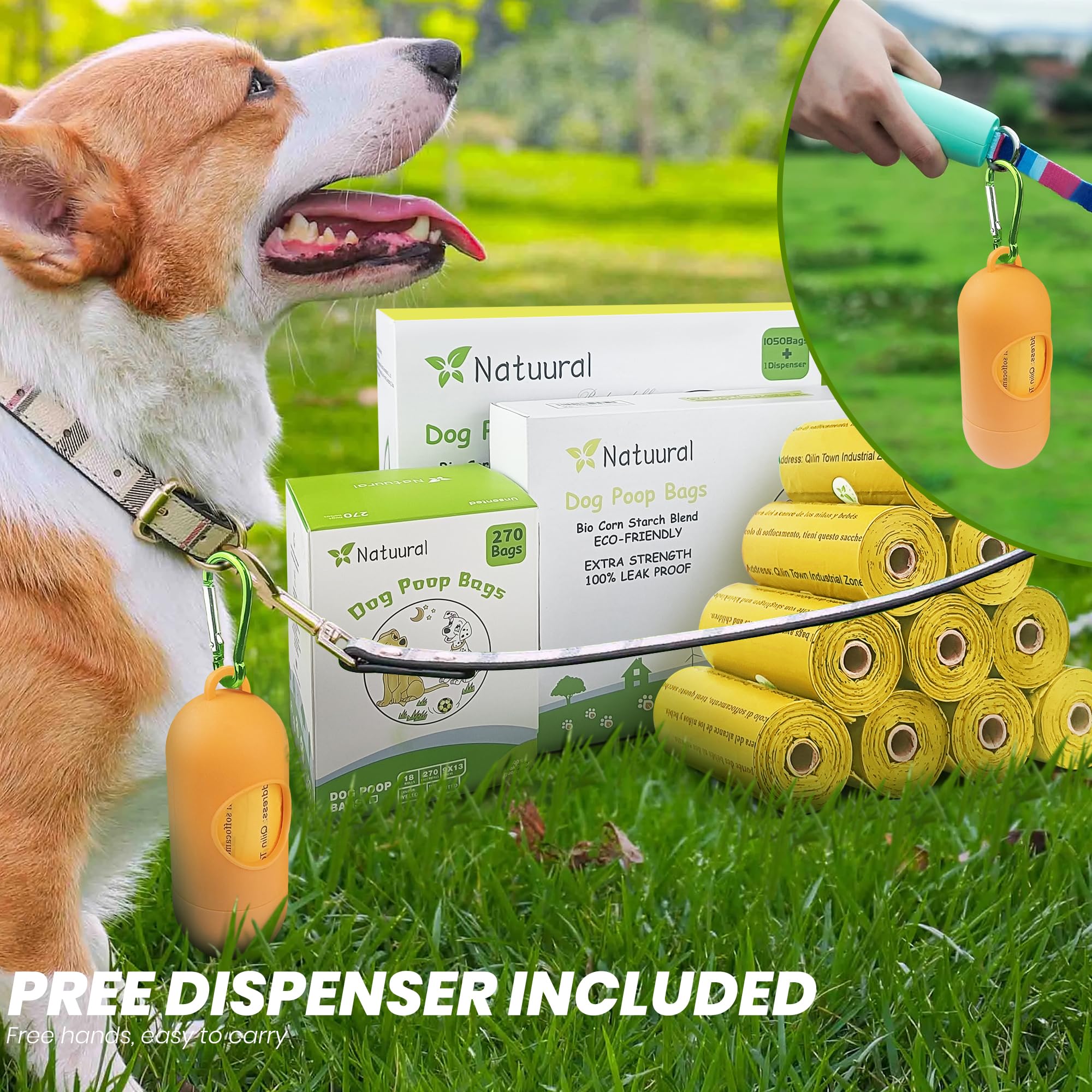 Sacchetti Cane Cacca Biodegradabili, 1050 unità, 70 rotoli con Dispenser Gratuiti, Sacchetti per Escrementi di Cane Realizzati in Amido di Mais, Resistenti e a Prova di Perdite al 100% (Giallo)