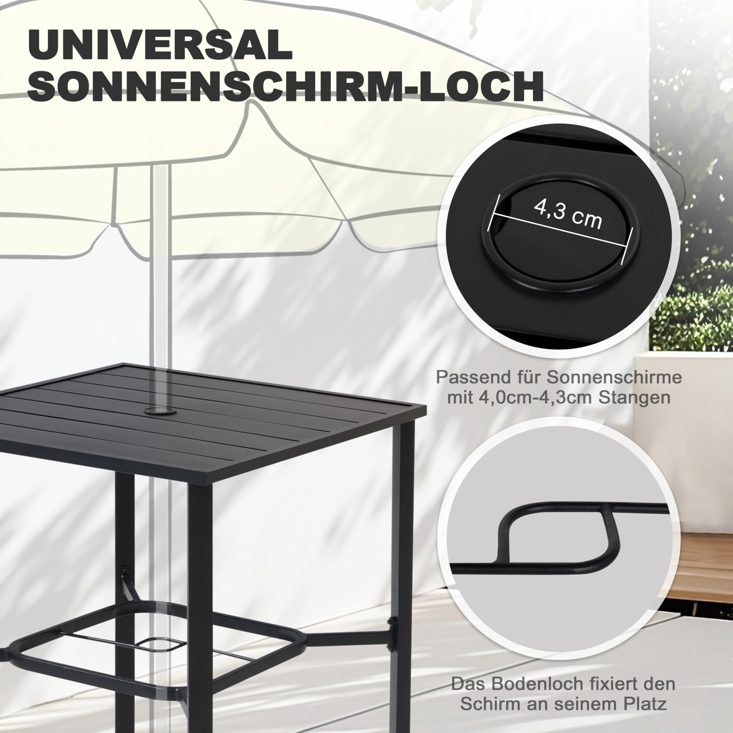 Avestar Outdoor 71 cm Quadratischer Bartisch mit Sonnenschirmloch, Stehtisch, Lattenrost-Tischplatte mit pulverbeschichtetem Metallgestell, für Terrasse, Garten, Hinterhof und Balkon, Schwarz