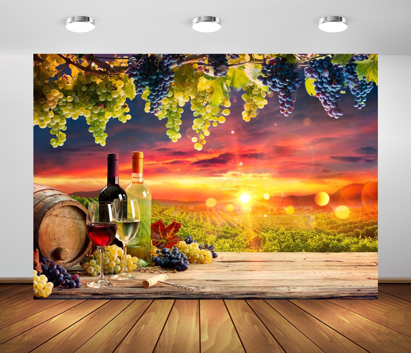 BELECO 10x8ft Fabric Sunset Vineyard Backdrop Wine Glasses and Bottle, Grapes and Wine Barrel, Winery Photography Background Vineyard Theme Party