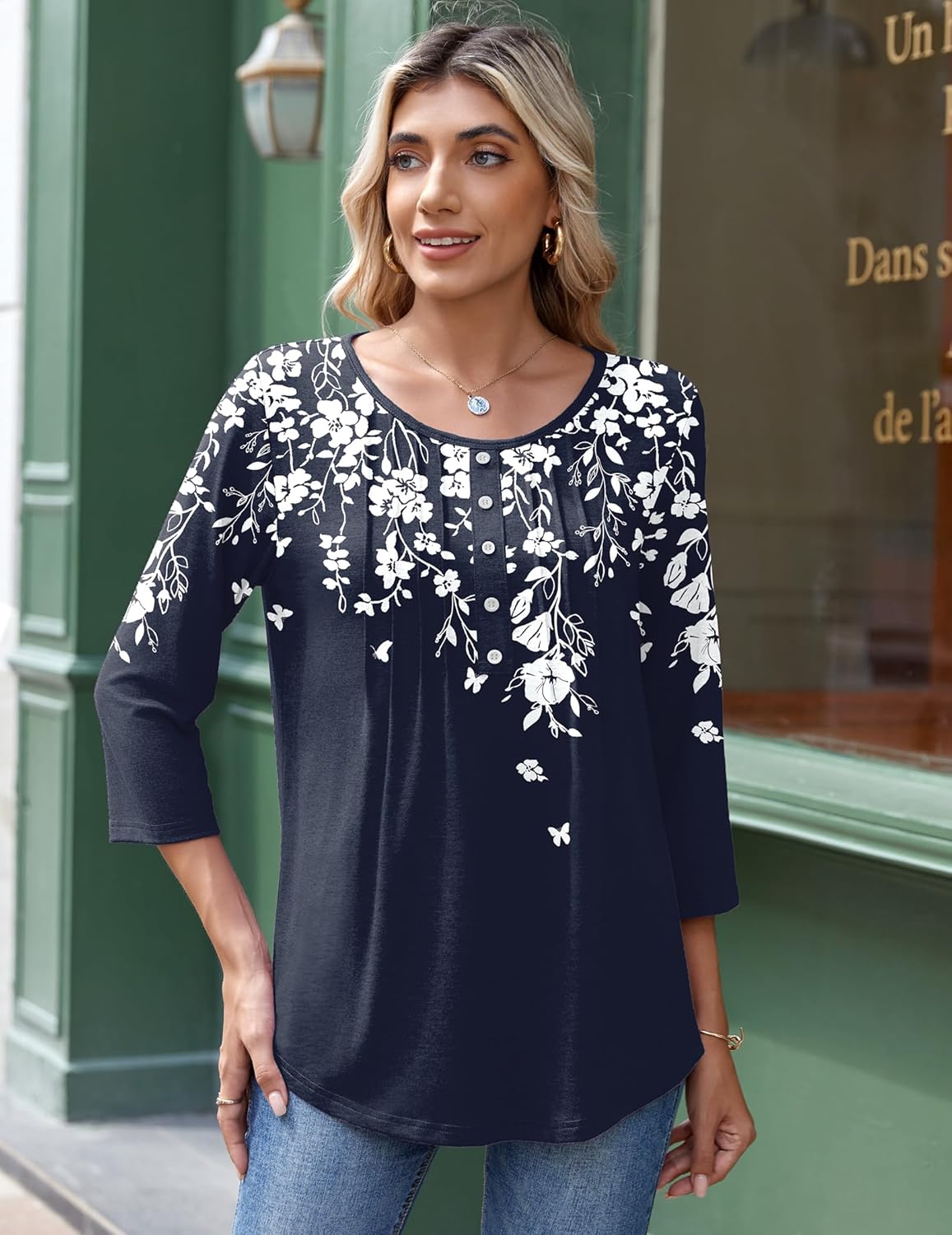 Zeagoo 3/4 Length Sleeve Womens Tops Round Neck Casual Summer Tunic Tops Basic Tees Blouses Dressy T-Shirts Pleated Shirts - Image 2