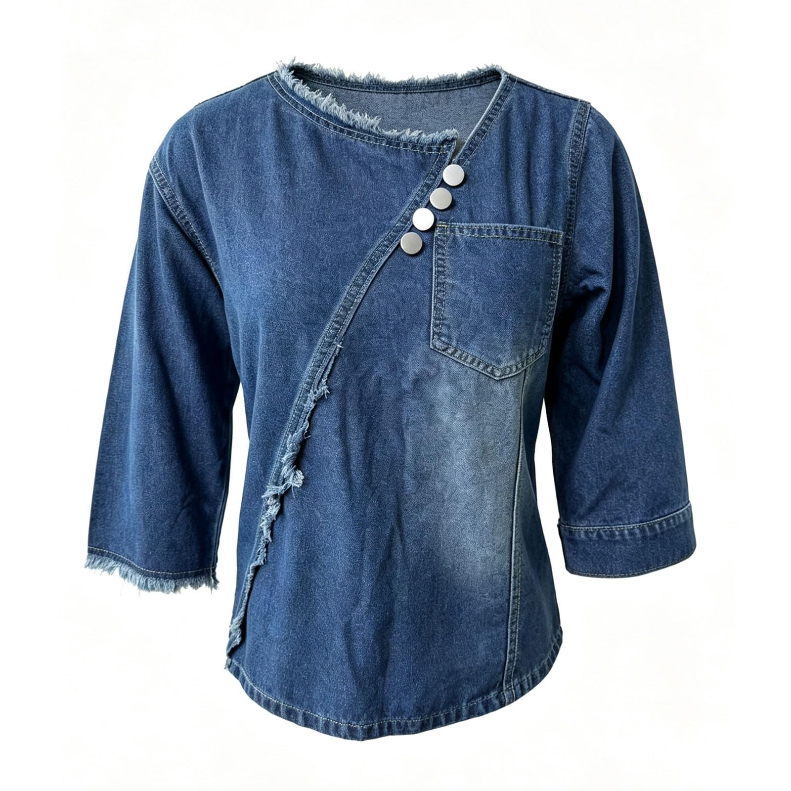 Generisch Camicia in jeans da donna, estiva, con maniche a 3/4 | Camicetta in denim con frange, elegante cambray, per il tempo libero, in tessuto denim, traspirante, vintage