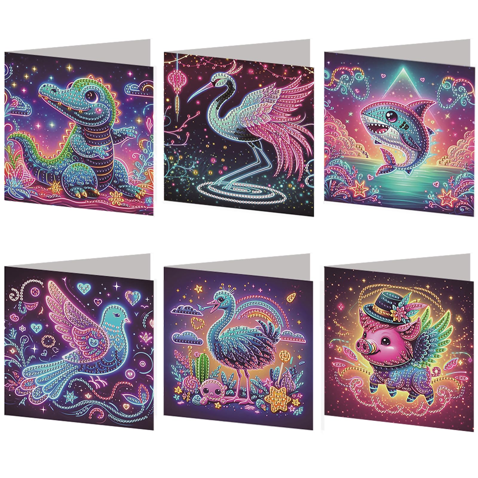 6 PCS DIY Diamond Painting Greeting Card Set with Envelope, Rhinestone Diamond Art Mosaic Postcards Diamond Art Greeting Cards for Xmas Birthdays Thanksgiving Valentine-Animals