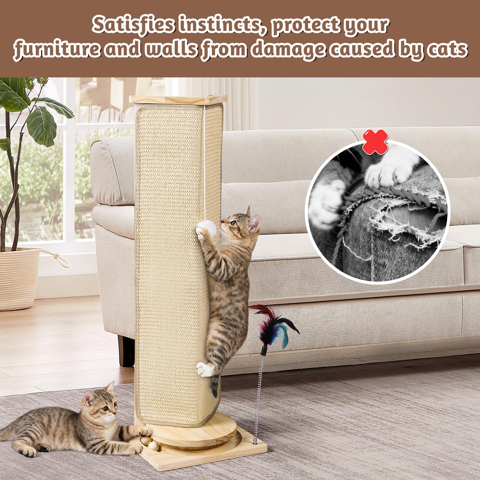 Rascador de esquina para sofá, poste rascador para gatos de 31 pulgadas de alto con juguetes interactivos, almohadilla de sisal reemplazable para gatos de interior, protector de muebles para
