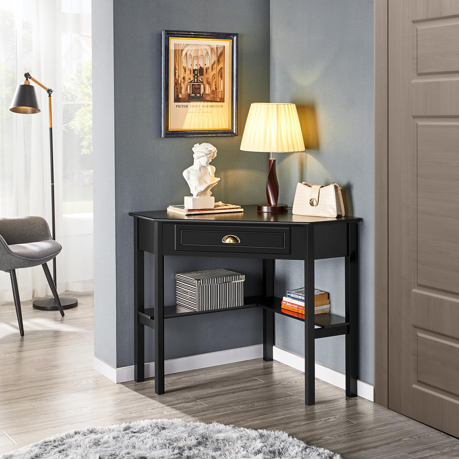 Yaheetech Bureau d'angle Poste de Travail Informatique Bureau en Bois avec Tiroir et Étagère de Rangement Design Classique et Élégant 106 × 71,5 × 76,5 cm Blanc