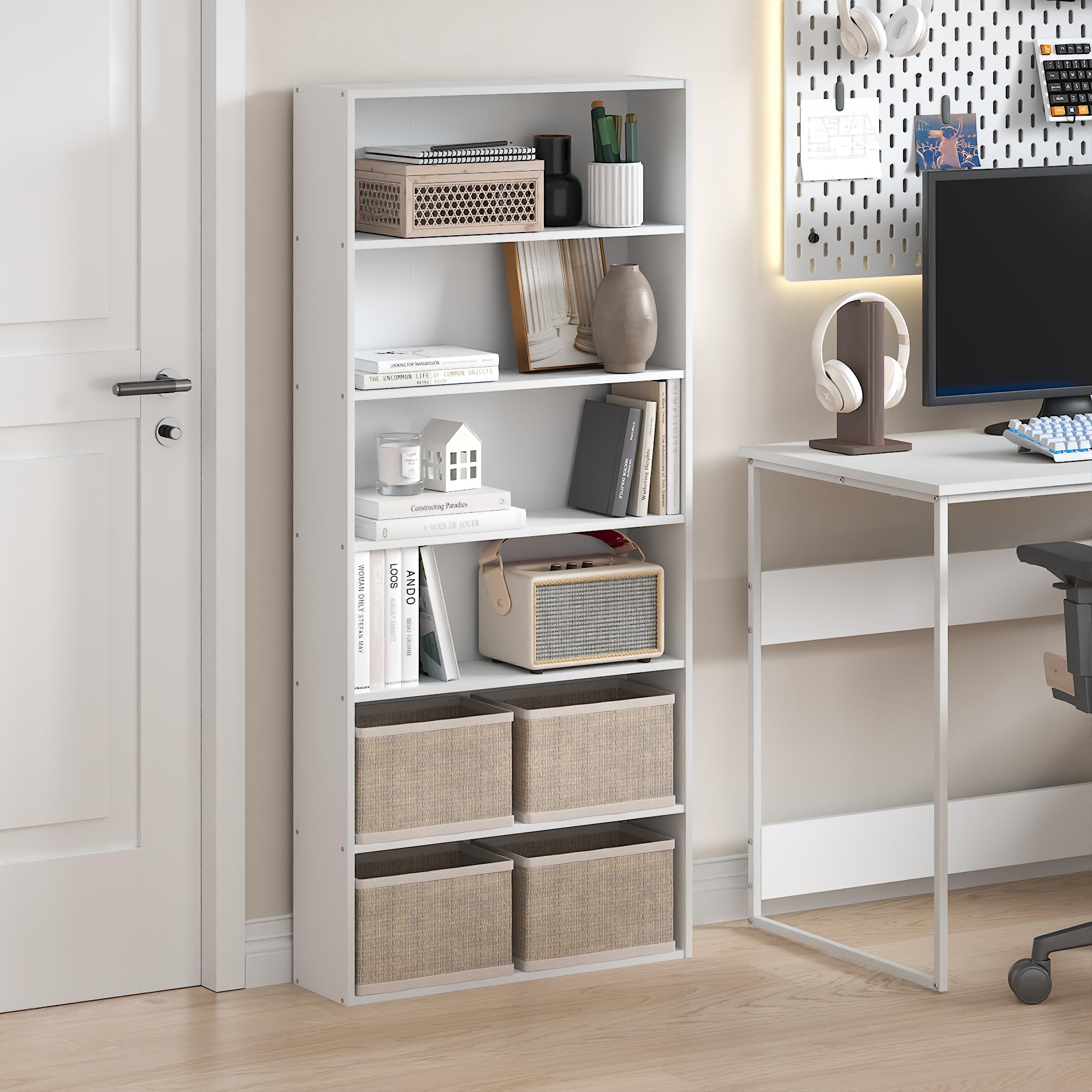 Furinno Basic 6-stöckiges offenes Regal, Bücherregal, Aufbewahrungsorganizer, 16.8 x 60 x 134 cm, Weiß