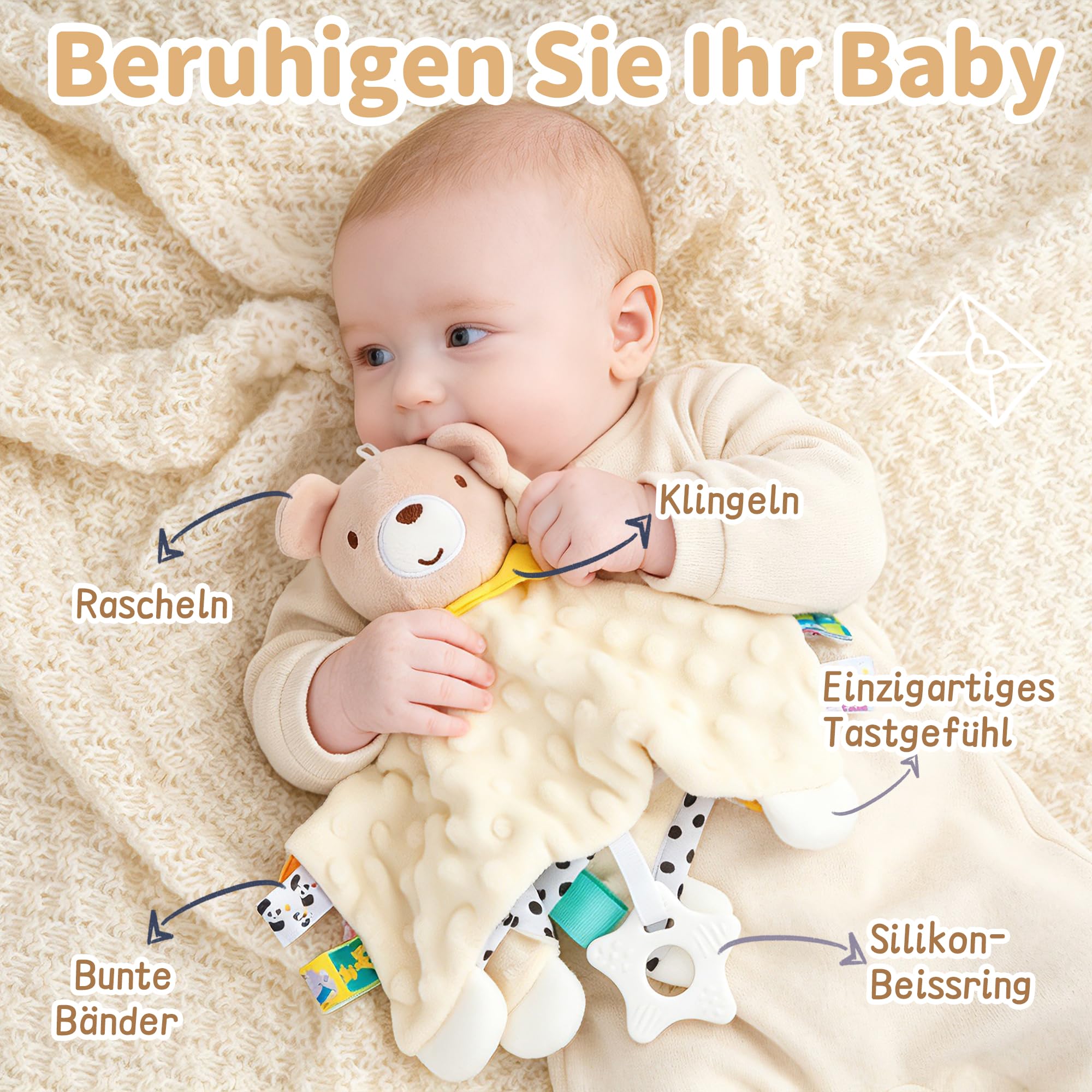 Geschenk zur Geburt – Baby Schmusetuch mit Holzrassel, Rassel, Silikonbürste, Babydecke, Socken – Babyparty Geschenkbox