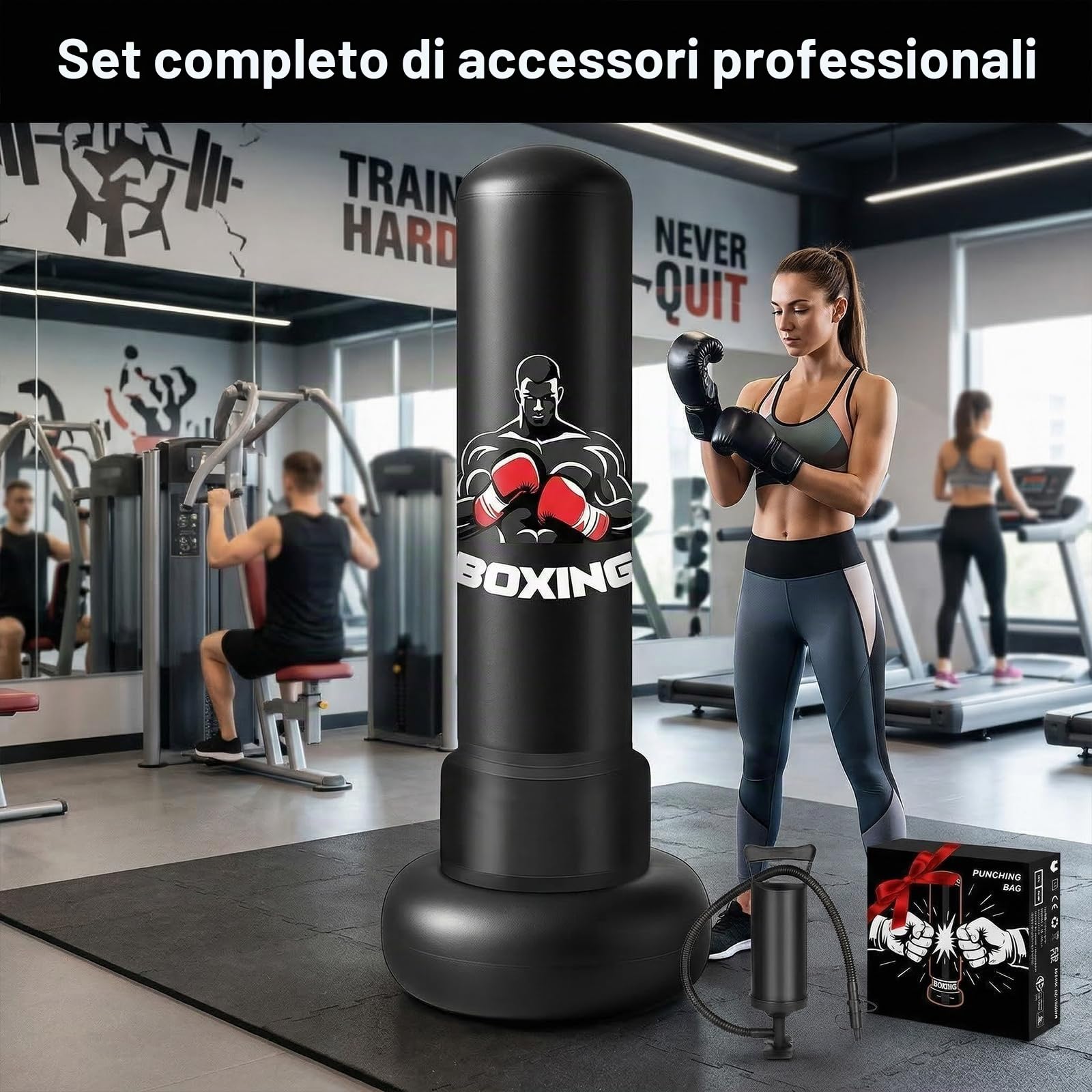 Sacco da Boxe Autoportante 180 cm, in PVC Rinforzato da 0.35mm Gonfiabile con Guantoni e Pompa Ideale per Adulti, Giovani, Arti Marziali, Fitness