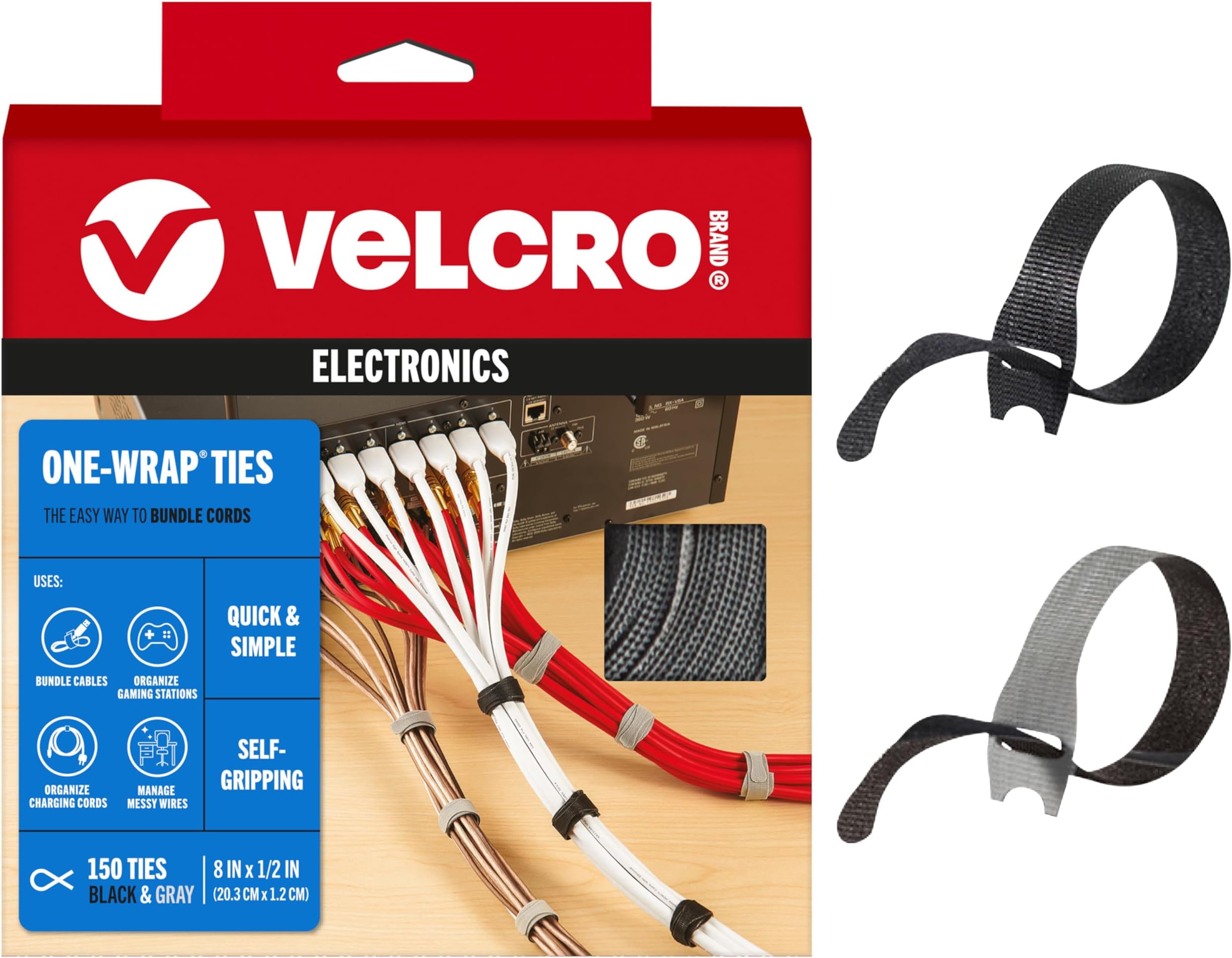 VELCRO Brand 150 Pack Cable Ties Value Pack | Reusable Straps Replace Zip Ties Reduce Waste | Wire Management and Cord Organizer | 8 x 1/2 Inch Thin Pre-Cut Design, Black & Gray