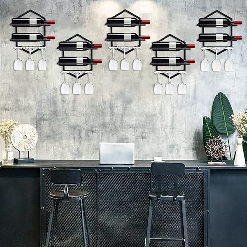 Miniatura 5 de Estante para copas de vino montado en la pared, soporte de metal para colgar copas de vino con capacidad para 3 tazas y 2 botellas, almacenamiento