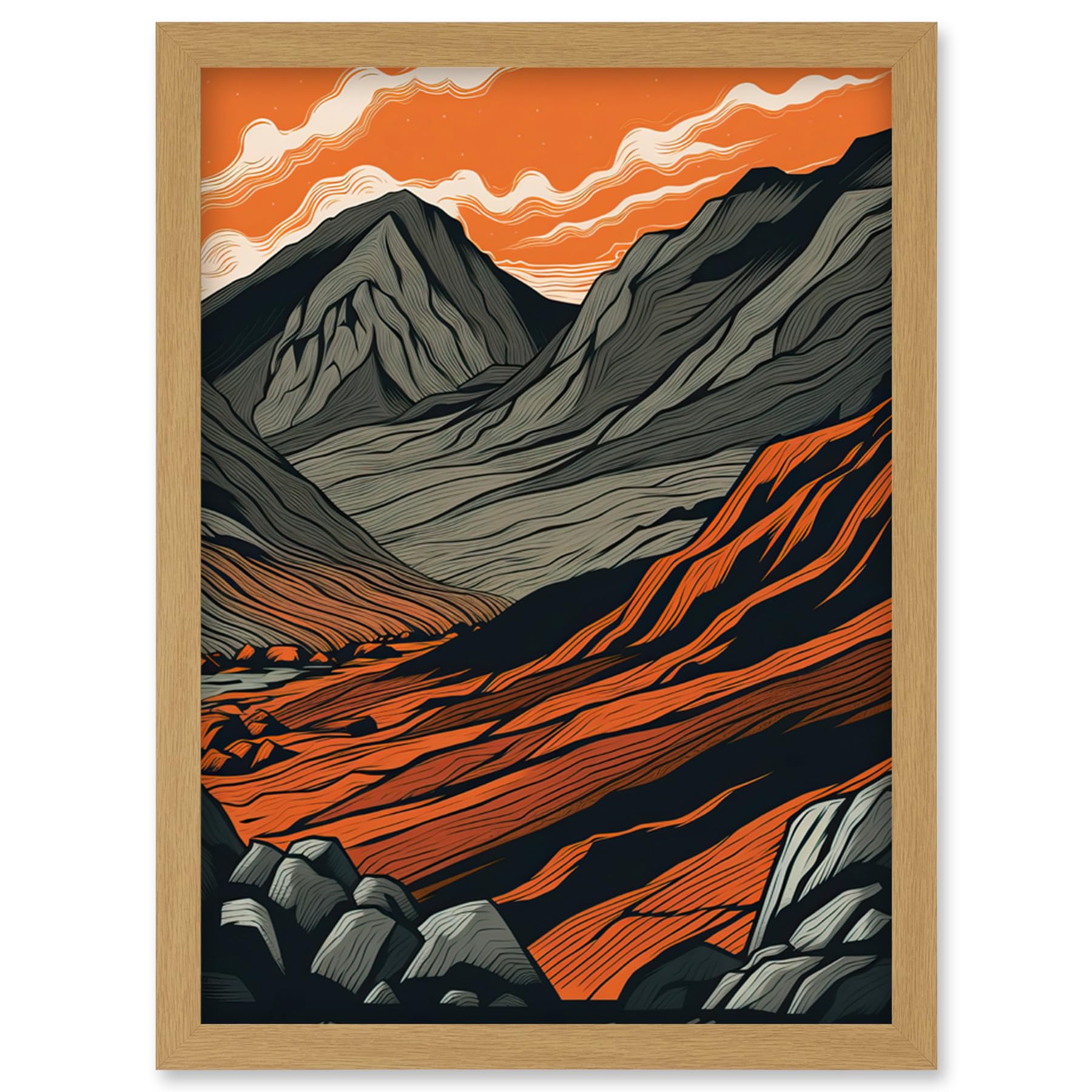 Artery8 Scafell Pike Mountain Landscape Framed Wall Art Print - Amber and Grey - A4