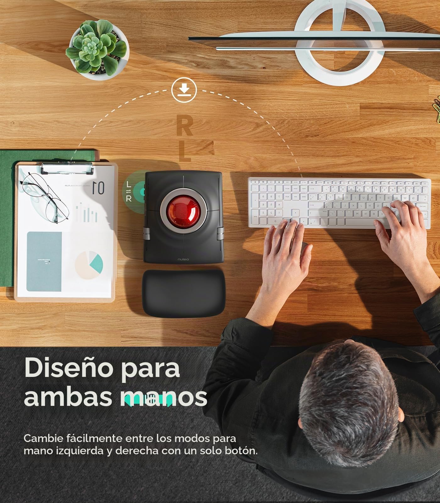 Nulea M512 Ratón Trackball Inalámbrico, Trackball Ergonómico de 55mm, dpi Ajustable para un Control Preciso, Compatible con Mano Derecha o Izquierda, Recargable, Bluetooth Multi-Dispositivo y 2.4GHz