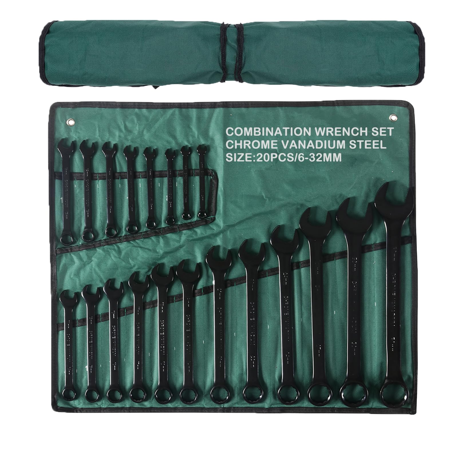 Juego de llaves combinadas métricas de 20 piezas en bolsa enrollable, métricas de 6 a 32 mm, juego de llaves inglesas negras