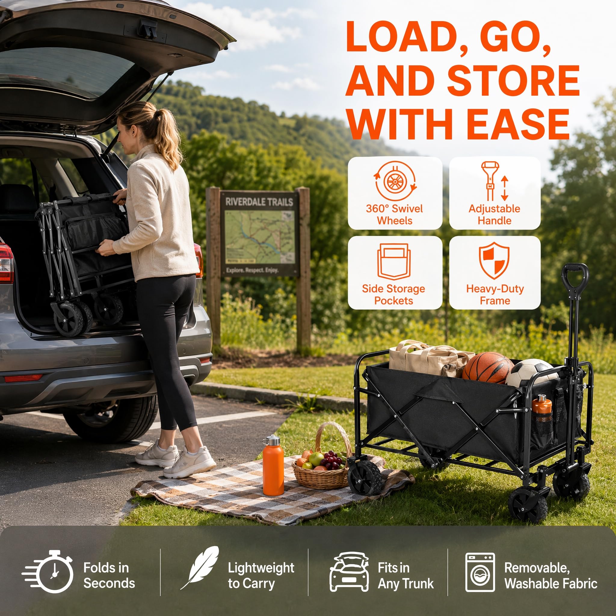 Carrello pieghevole da 80 l, rimovibile, portata fino a 150 kg