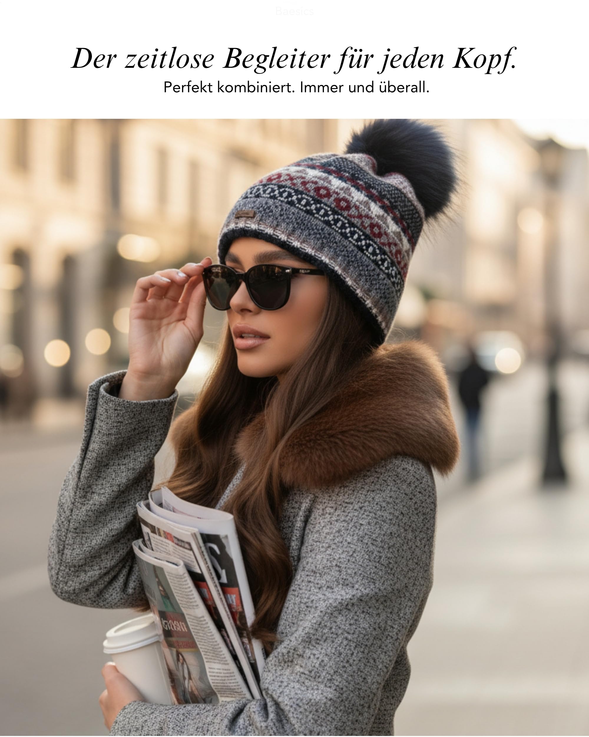 Baesics Bonnet d'hiver avec motif pour homme et femme - Bonnet à pompon doublé avec pompon en fourrure synthétique - Bonnet tricoté - Fabriqué en UE - Taille unique - Chaud et élastique avec doublure