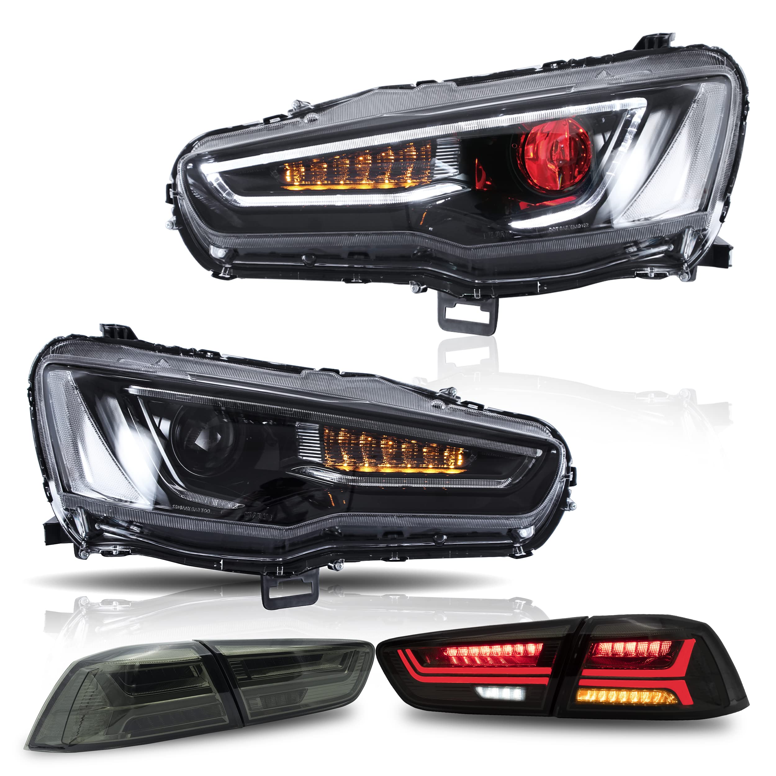 VLAND Headlights(Black Housing) Assembly + Smoke Taillights Fit for Mitsubishi Lancer EVO X Sedan 2008-2020 W/Dual Beam Lens DRL, LED Front & Back lamps with Sequential Indicator Halo, Demon Eyes
