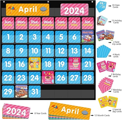 Miniatura 3 de REGELETO Calendario grande de 44 bolsillos para aula con 85 tarjetas, tamaño calendario mensual de 25 x 24 pulgadas y tabla de bolsillo negro para