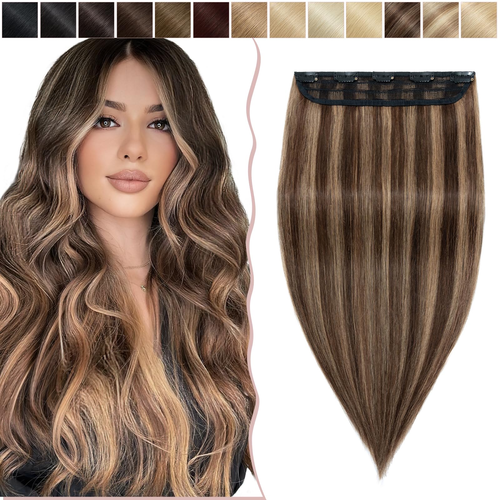 14"(35cm) SEGO Extensiones de Cabello Natural Clip Una Pieza GRUESA [#4/27 Castaño Chocolate/Rubio Oscuro] 100% Remy Pelo Humano Liso Postizos (75g) - 1