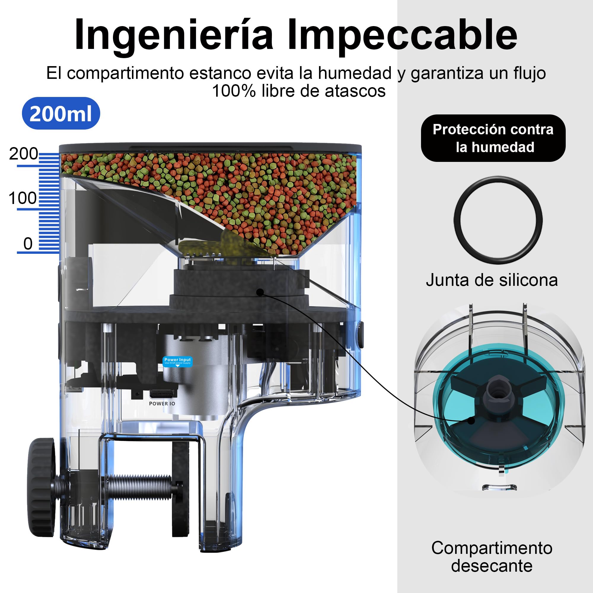 Alimentador Automático Peces WiFi con Cámara 2.5K HD Visión Nocturna, Dispensador Inteligente App, 0.2g/0.6g para Acuario, Anti-Humedad, Plan de Alimentación Personalizable (Gris Oscuro)
