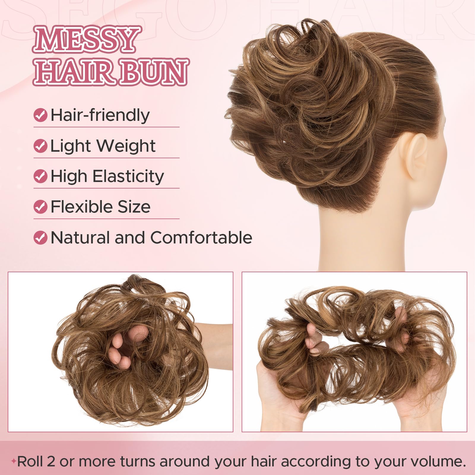 SEGOHAIR 17G Messy Bun Scrunchies Human Hair Curly Wavy Donut Hairpiece for Women Girls Medium Brown Mixed Dark Blonde Hair Bun Maker Elastic Real Remy Donuts Updo Chignon - Image 3