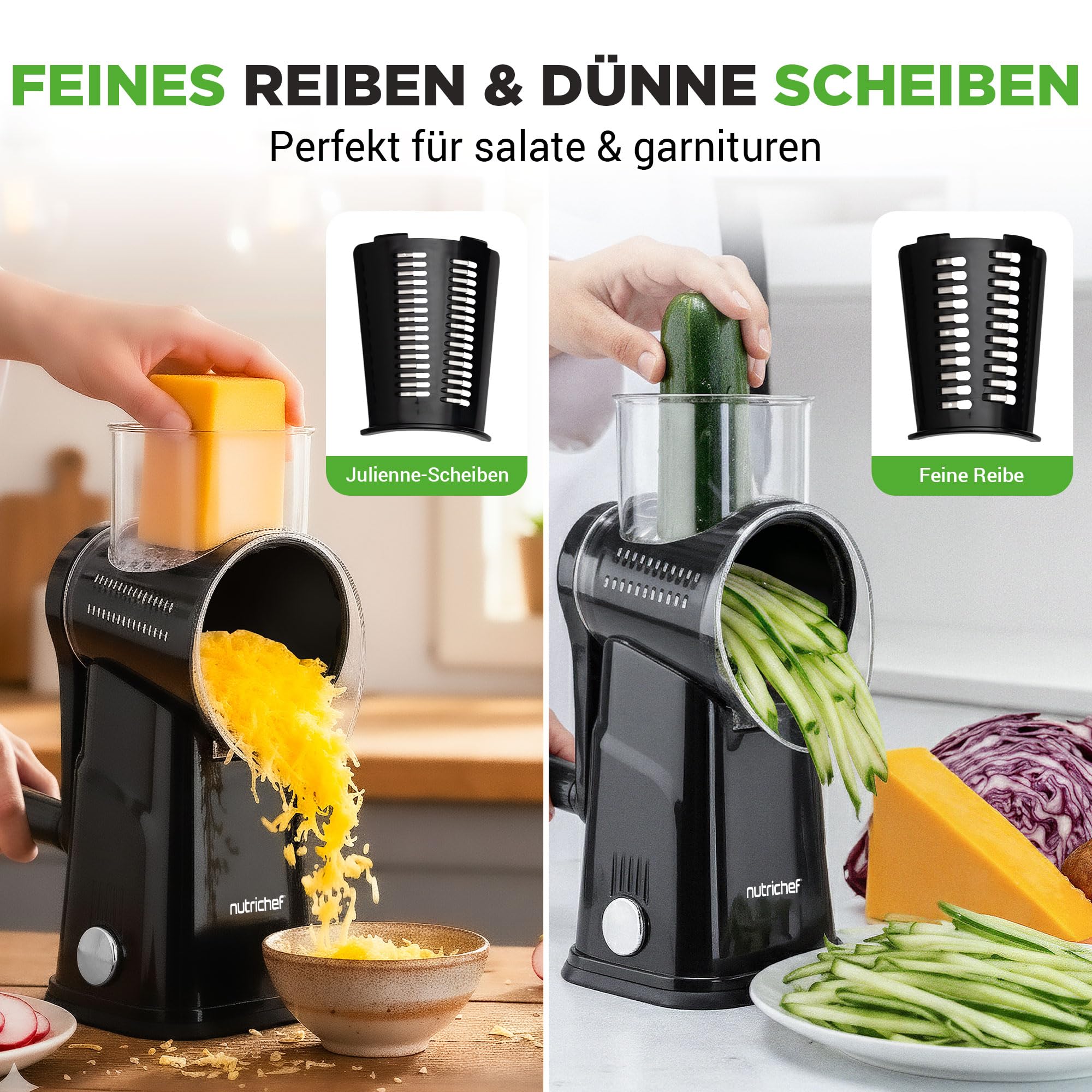 NutriChef Gemüsereibe - Käsereibe mit Kurbel - inkl. 5 Trommelblättern - Ideal für Käse Gurken Karotten hausgemachte Pommes - Starker Saugfuß, Schwarz, 9.45"