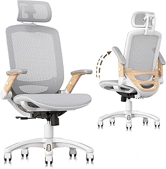- GABRYLLY Ergonomic Office Chair, High Back Home Desk Chair with Flip-Up Arms, Headrest, 90-120° Tilt and Wide Cushion, 400LBS White Mesh Chair for Work Gaming Study (GY01-NT, Woodgrain Pattern)