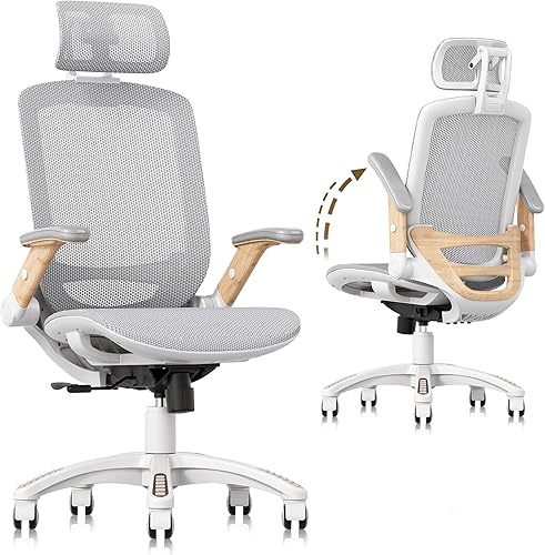 Miniatura 12 de Gabrylly Silla de oficina de malla ergonómica, respaldo alto, reposacabezas ajustable con brazos abatibles, función de inclinación, soporte lumbar y