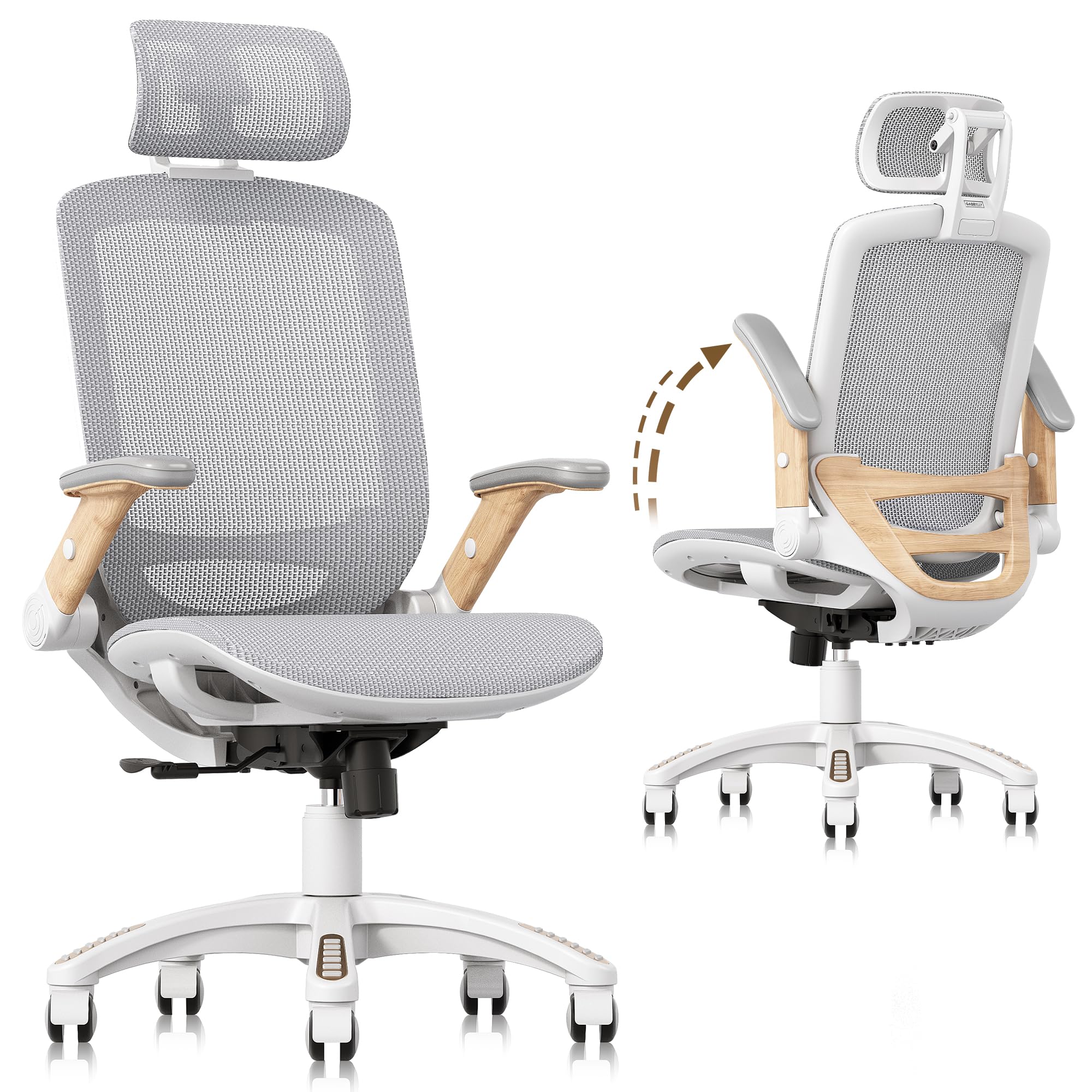 GABRYLLY Ergonomic Office Chair, High Back Home Desk Chair with Flip-Up Arms, Headrest, 90-120° Tilt and Wide Cushion, 400LBS White Mesh Chair for Work Gaming Study (GY01-NT, Woodgrain Pattern)