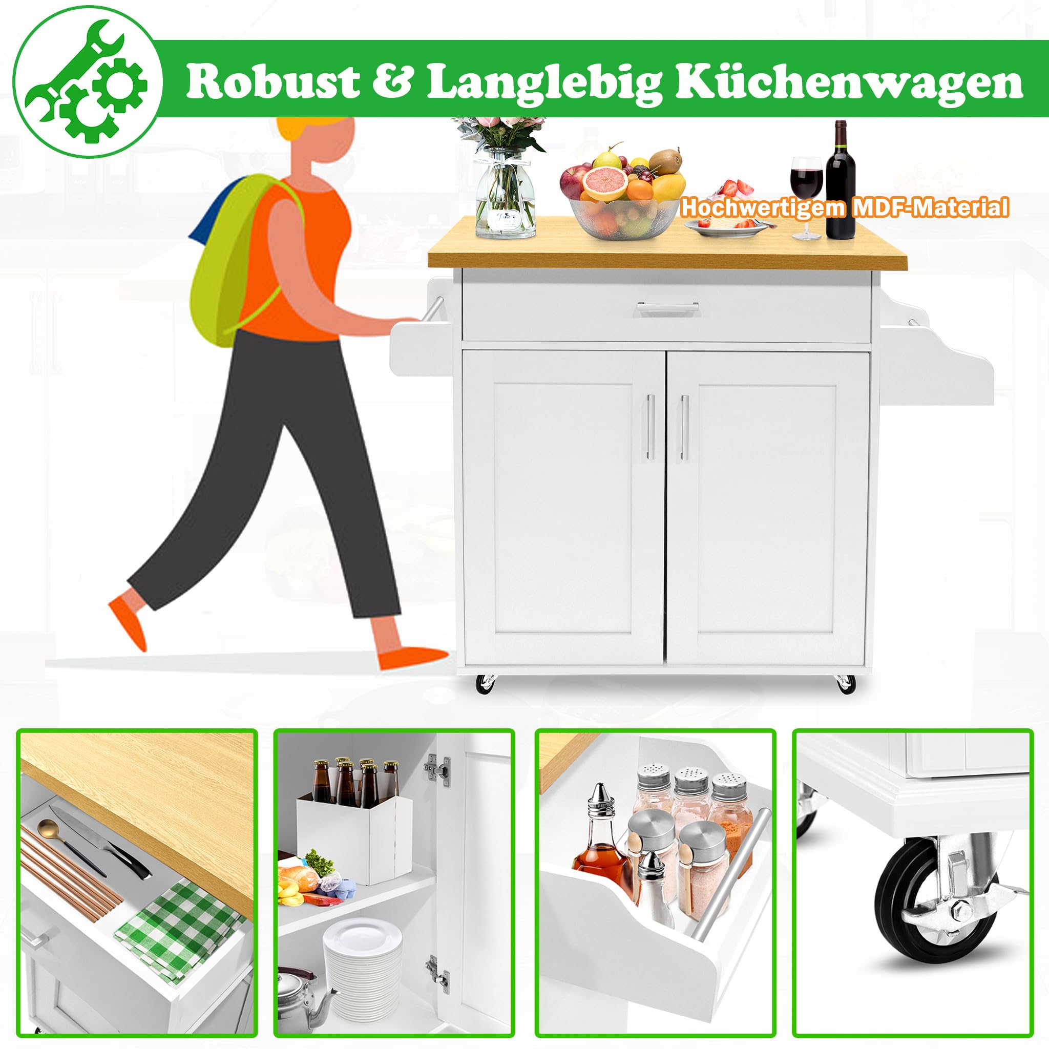 SUBTLETY 115x36x90cm Bewegliche Kücheninseln MDF Arbeitsplatte Küchenwagen mit Rollen, Schublade, Ablage, Handtuchhalter & Gewürzboard Rollwagen Belastbarkeit bis 50KG Esswagen für Party (Weiß)