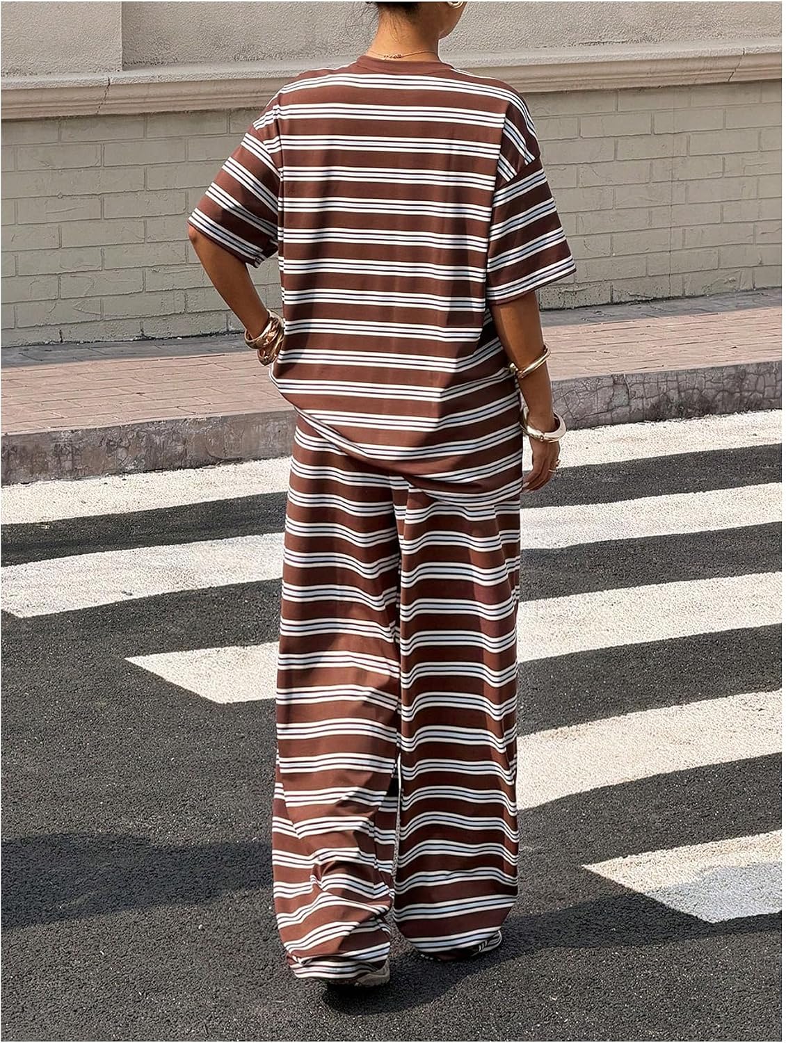 Verdusa Women's 2 Piece Striped Matching Sets Oversized Wide Leg Pants Sets image 2
