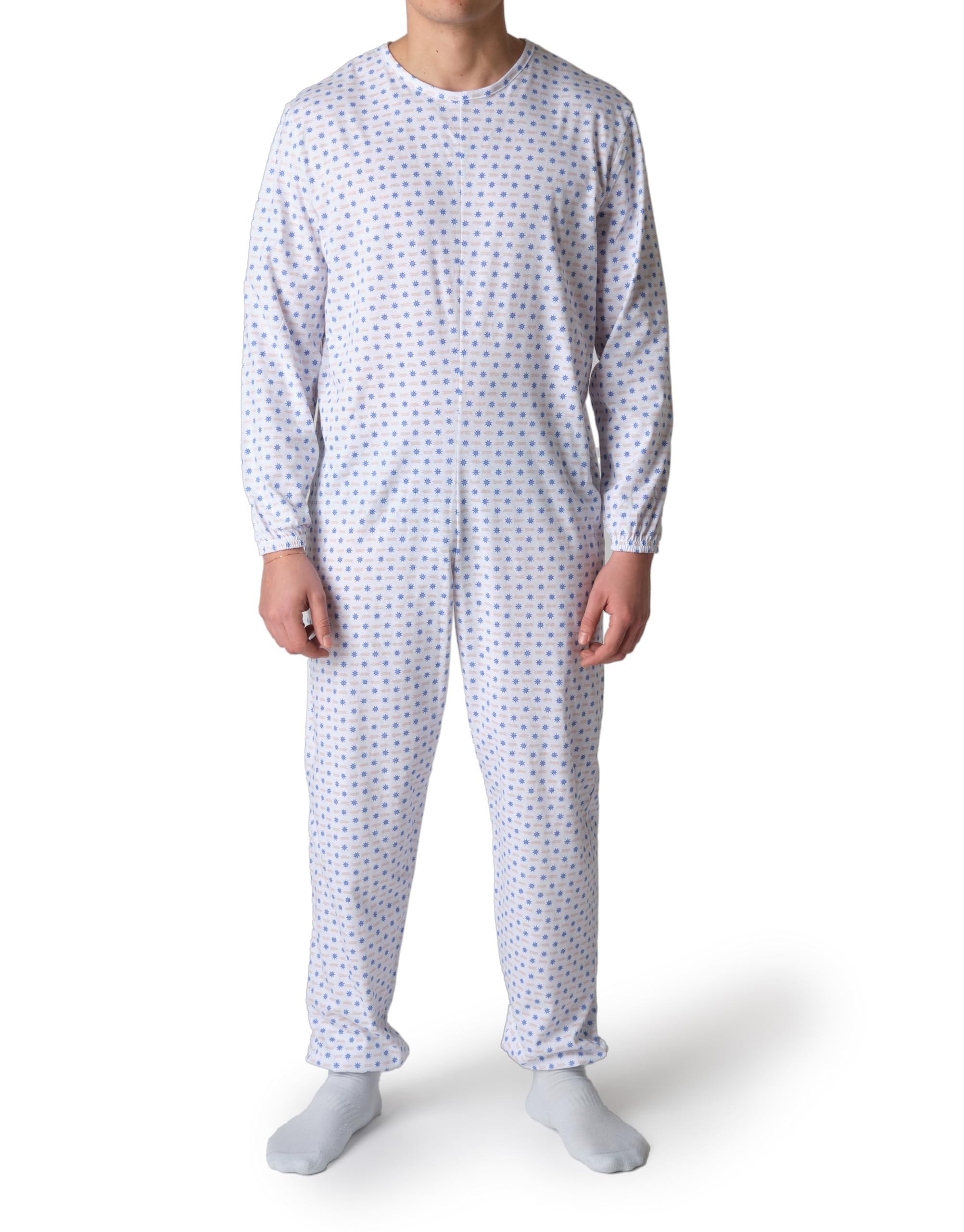 Pyjama sanitaire pour personnes âgées en coton d'été avec fermeture éclair arrière - Tuton pour personnes âgées avec Alzheimer ou Incontinence Made Italy - Gouvernail bleu
