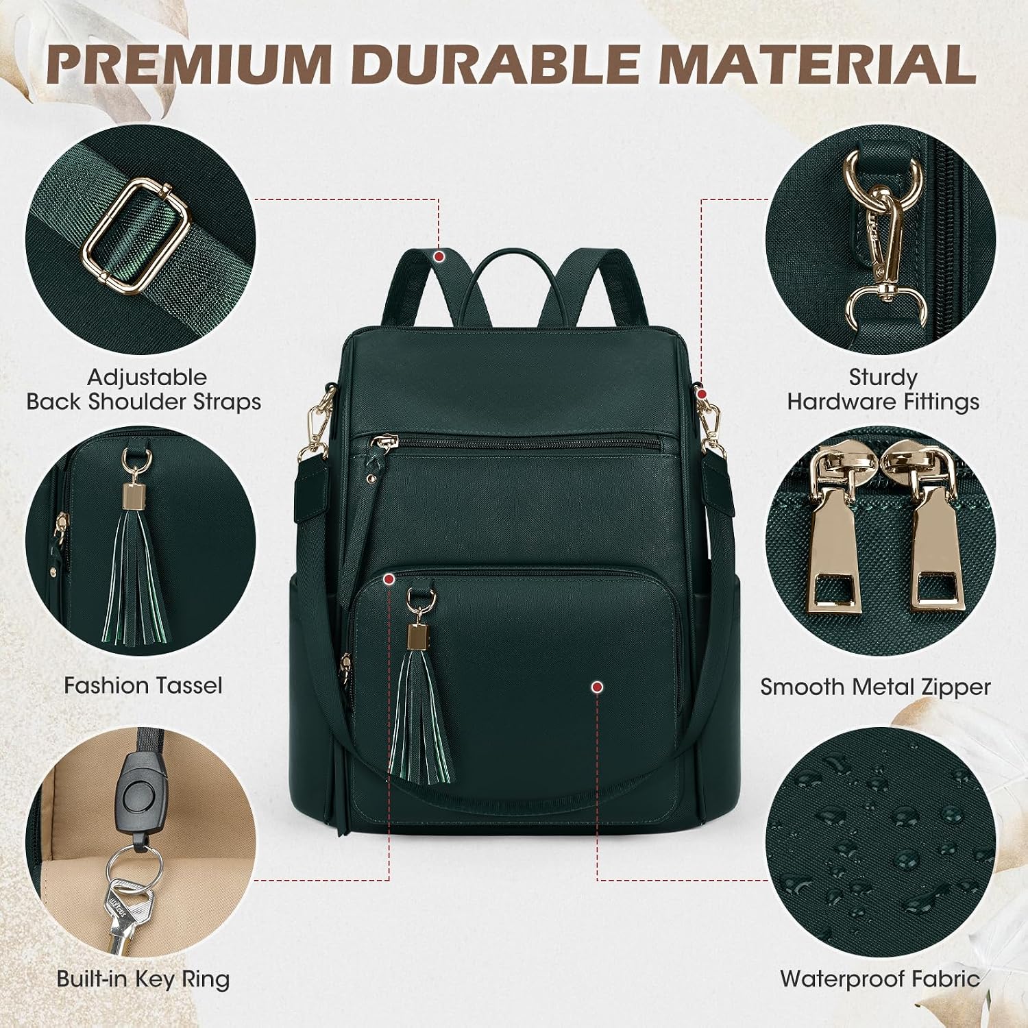 Backpack Purse for Women Leather Travel Backpack Purse Waterproof Anti Theft Fashion Small Casual Mini Daypacks Ladies Convertible Handbags Shoulder Bag Travel bag with Tassel, Dark Green