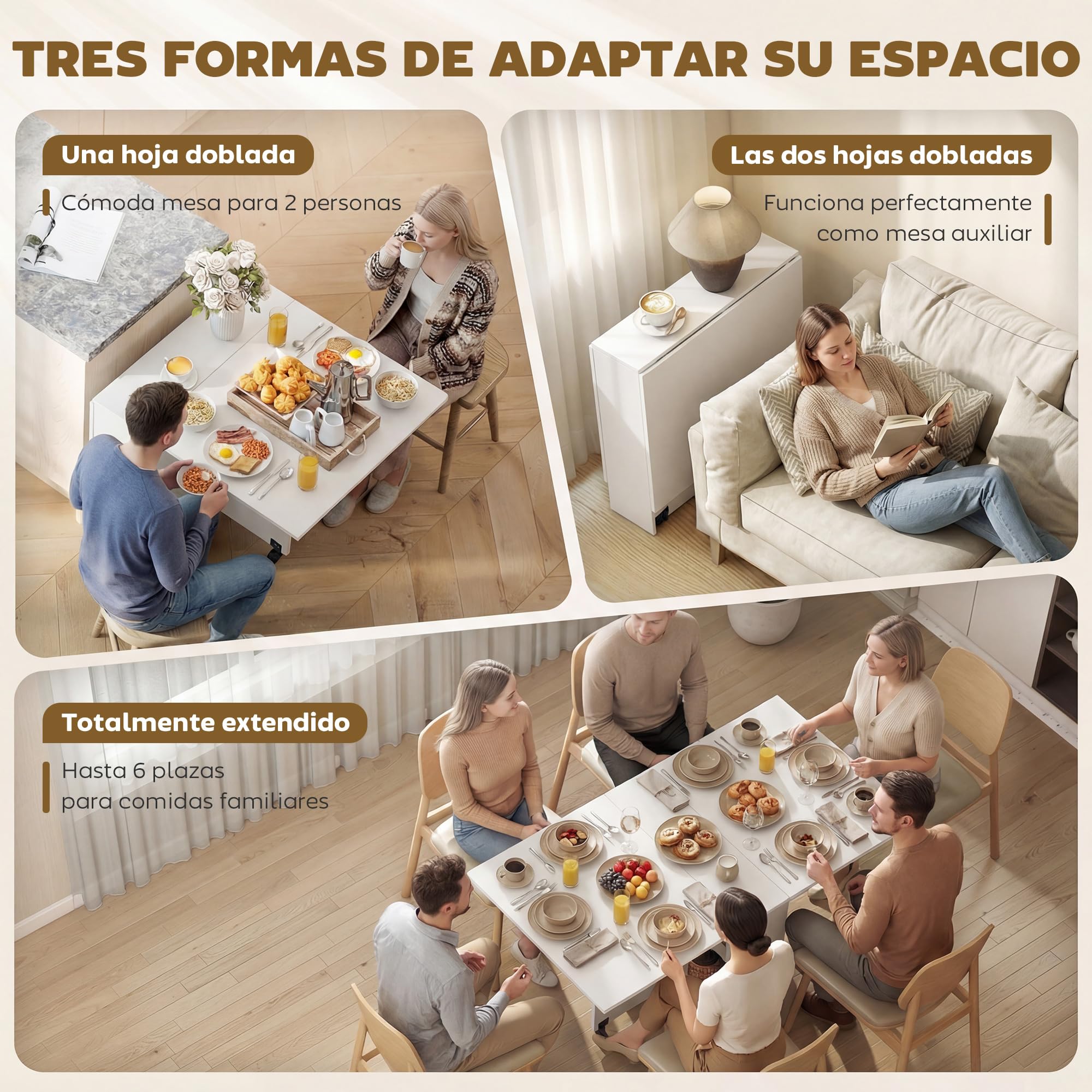 HOMCOM Mesa Plegable de Comedor Mesa de Cocina Plegable con Ruedas Alas Abatibles y Estantes para 4-6 Personas 75x140x74 cm Blanco