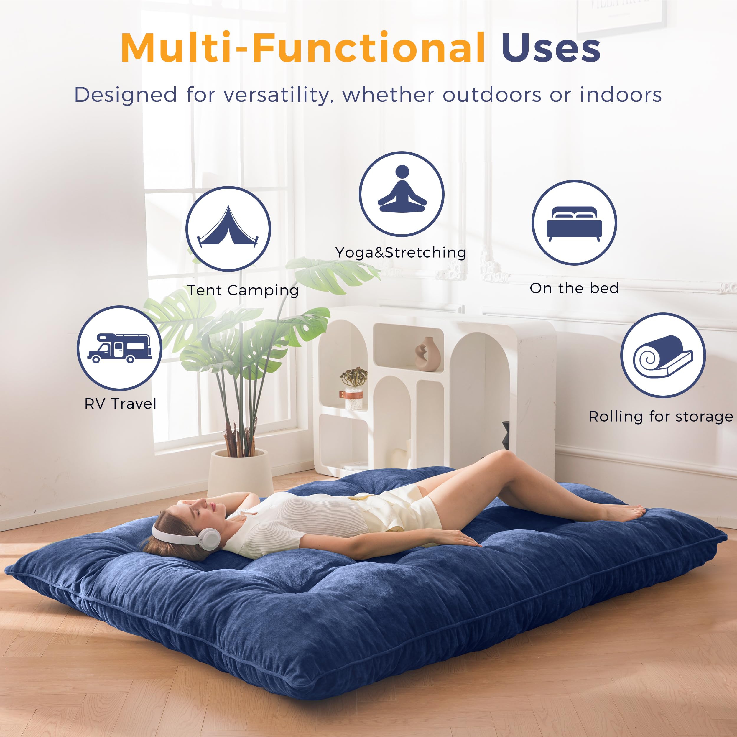 MAXYOYO Matelas Futon 2 Places Épais 15CM Garnissage en Mousse Déchiquetée, Tissu Chenille avec Boutonné Design, Enroulable Matelas de Sol/Futon Pliable Pratique (Cadre Non Inclus)