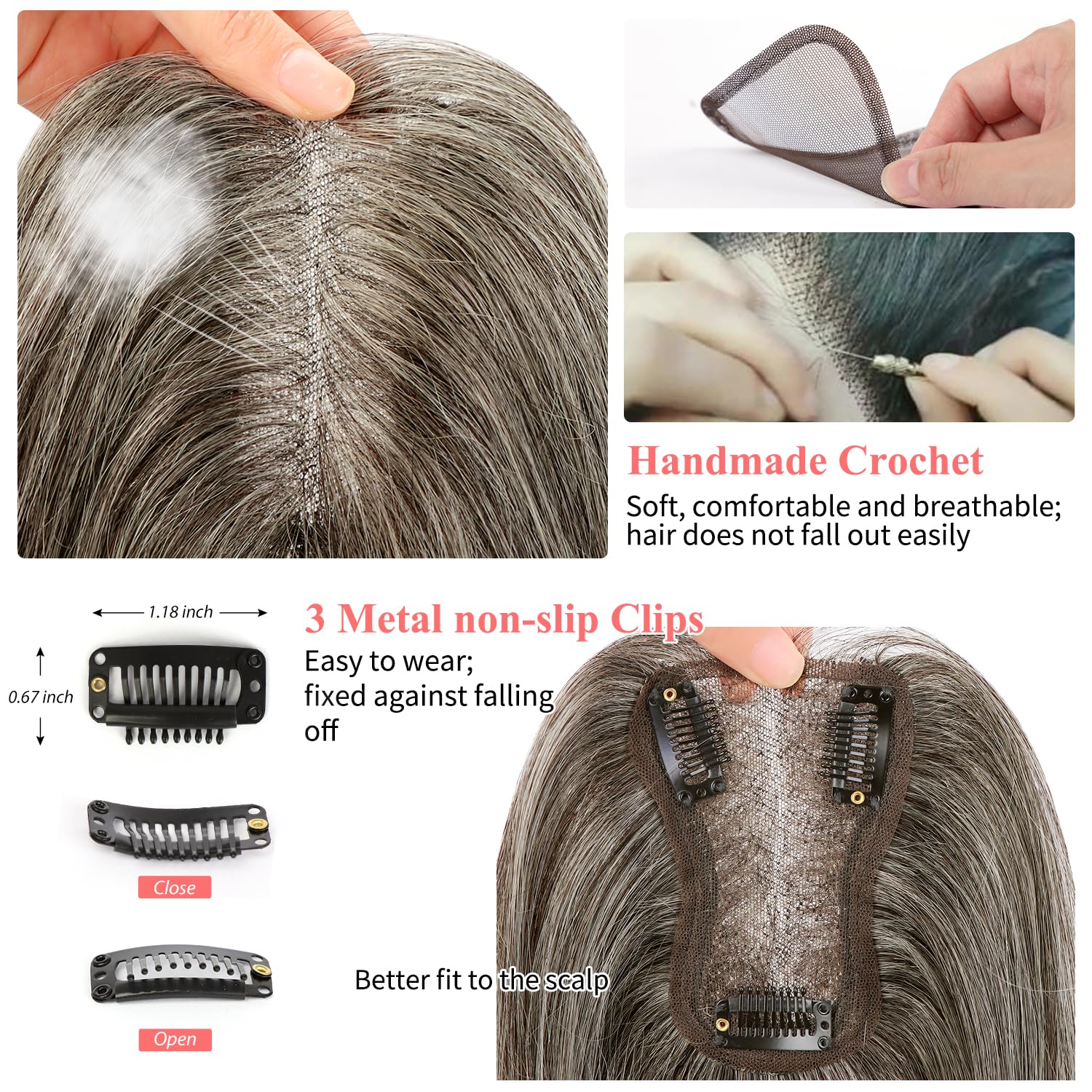 Hair Toppers for Women Gray Hair Toppers for Women 100% Remy Human Hair Grey Hair Topper for Women with Thinning Hair Short Hair Pieces for Women Real Hair Toppers (Black mix Silver Grey)