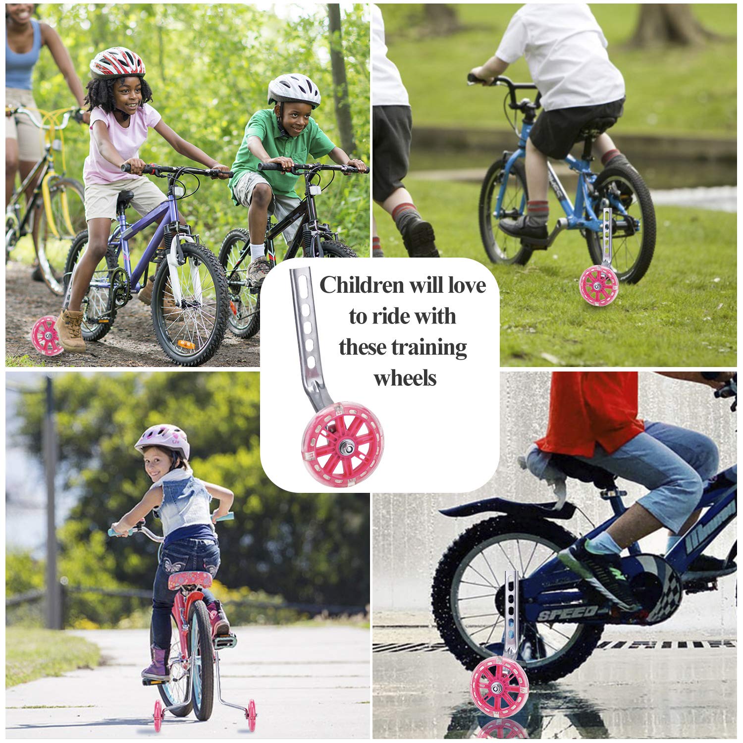 Ruote di Supporto per Bicicletta per Bambini, Stabilizzatori per Ruote Bici, 12, 14, 16, 18, 20 Pollici, 1 Coppia di Ruote di Sostegno di Sicurezza, Rosa