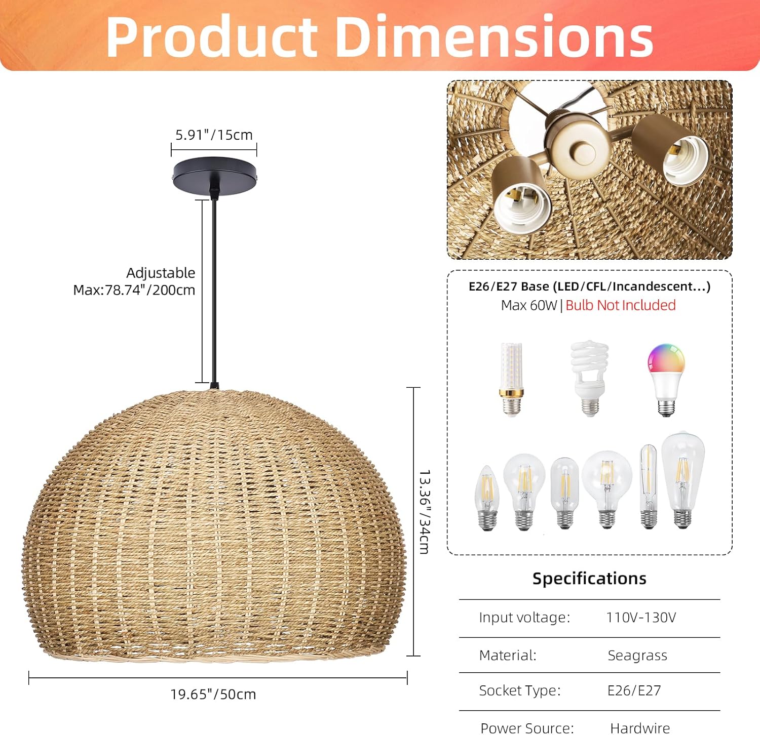 Arturesthome 2-Light Rustic Farmhouse Rattan Pendant Light,19.68in Large Dome Hand Woven Ceiling Mounted Rattan Chandelier,Coastal Beach Ceiling Hanging Light for Kitchen,Dining Room