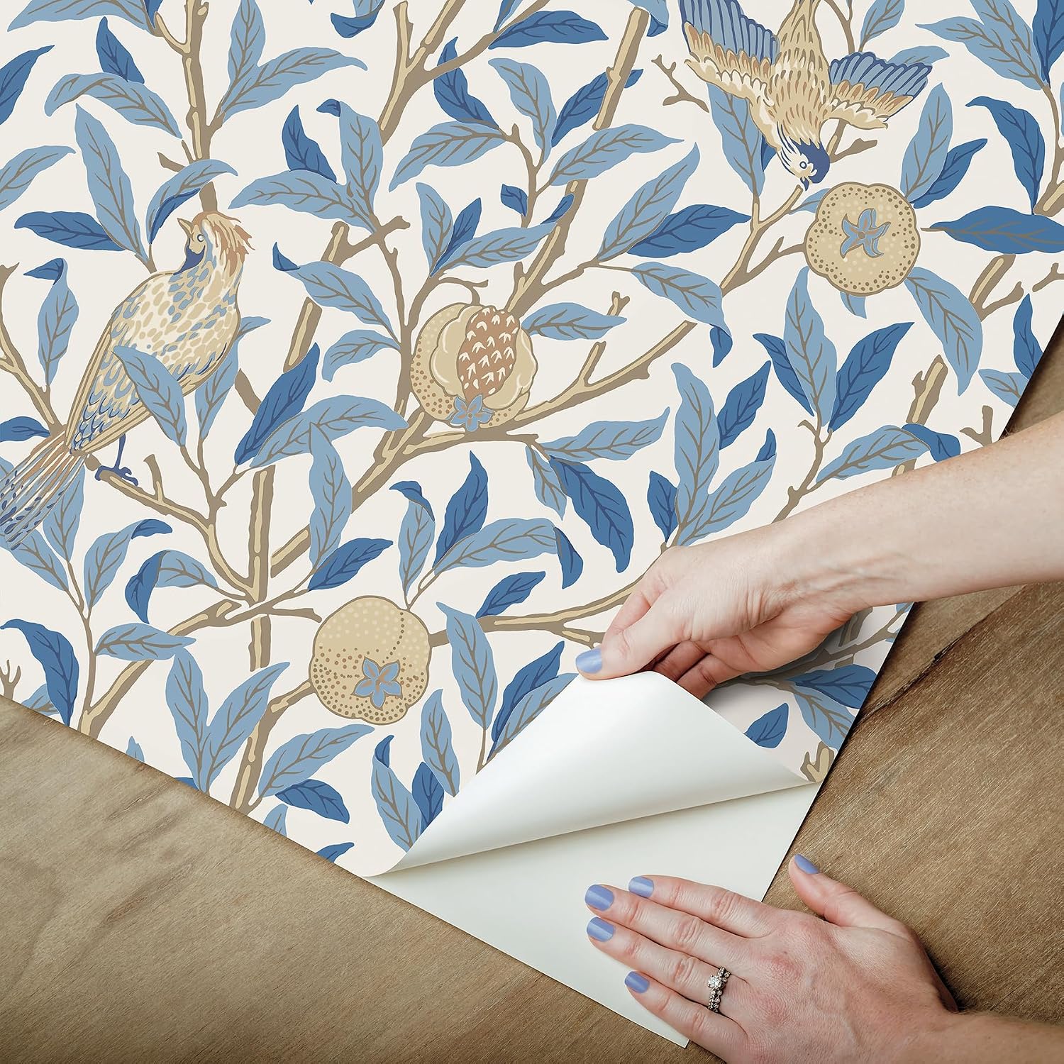 NuWallpaper x Morris & Co. Bird and Pomegranate Woad Peel and Stick Wallpaper, MCS6591