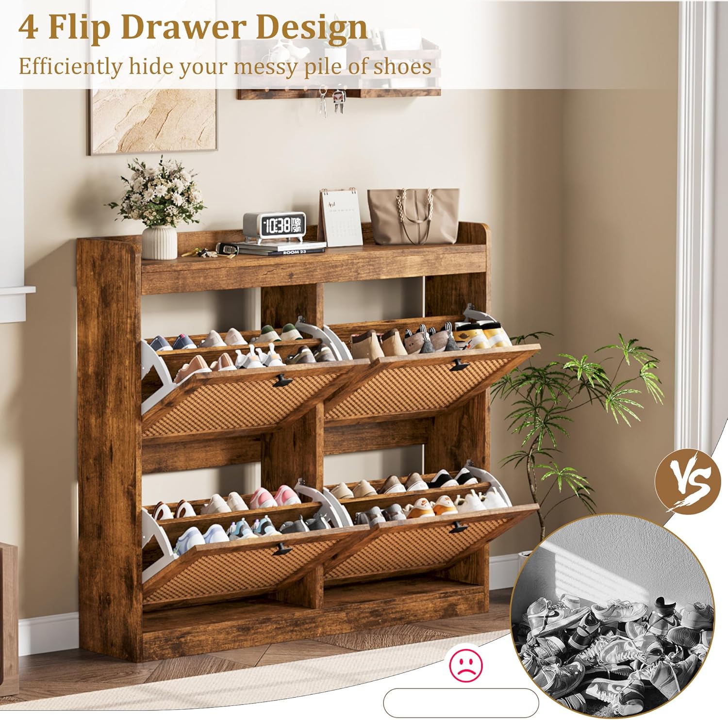 Garvee Shoe Storage Cabinet with 4 Deep Flip Drawers for Larger Shoes, Wood Shoe Cabinet with Rattan Doors and Adjustable Shelves - Freestanding Shoe Organizer for Entryway, Hallway