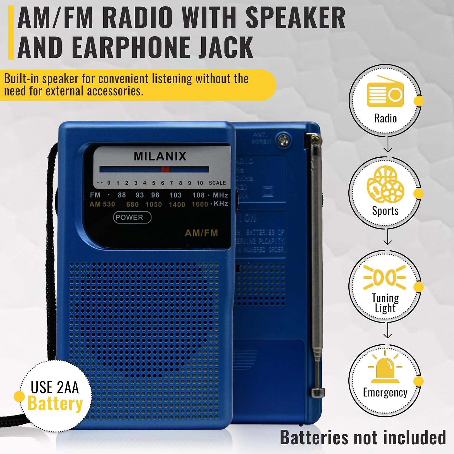 Milanix Small AM/FM Portable Radio showing battery compartment