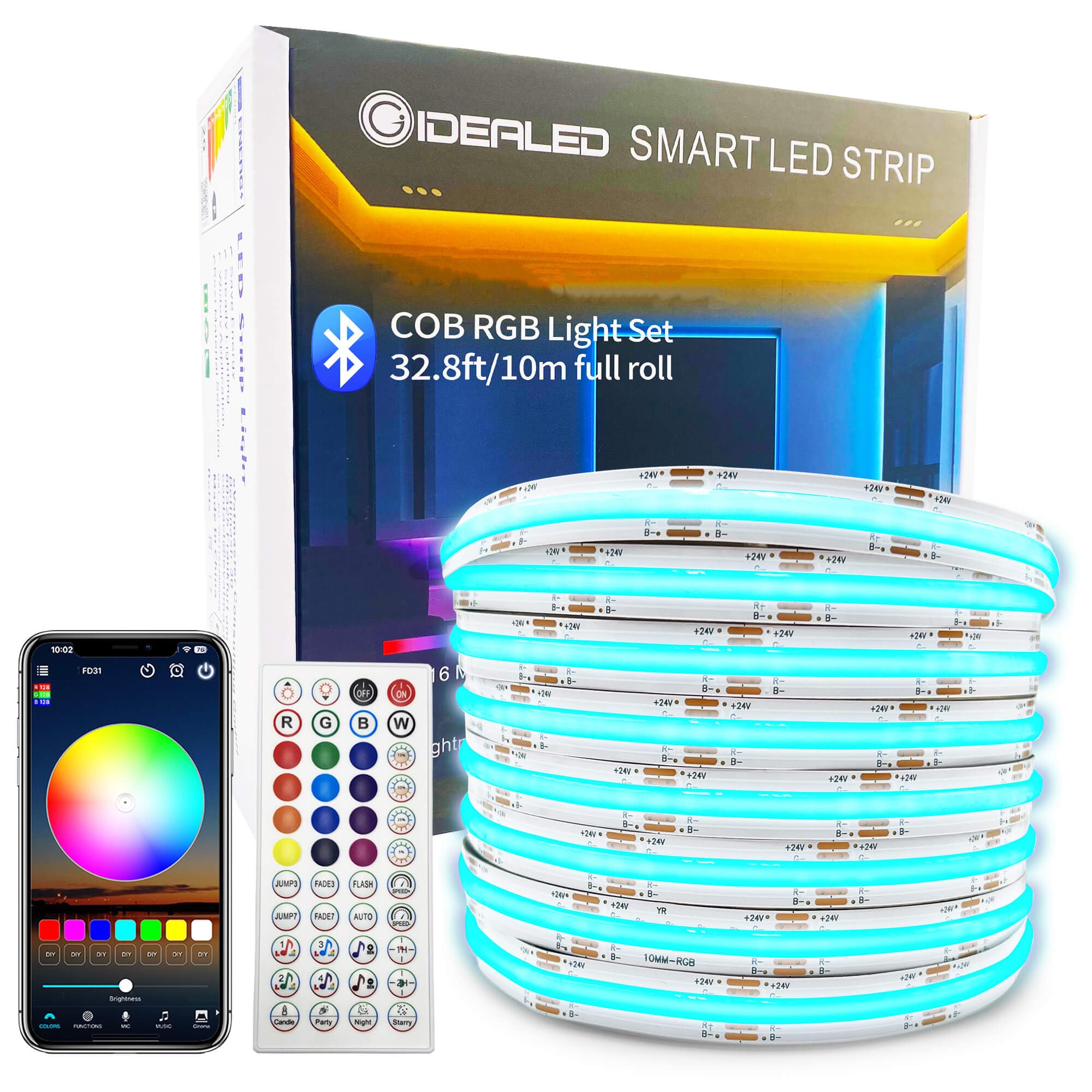 GIDEALED Striscia LED COB RGB CC 24 V, 10 m, dimmerabile, con telecomando IR e controllo tramite app Bluetooth, 6700 LED, CRI90 super luminoso, flessibile, per illuminazione ambientale fai da te